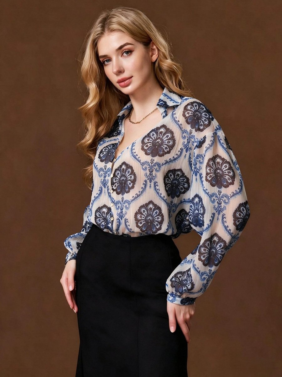 Dark Blue Floral Long Sleeve Shirt