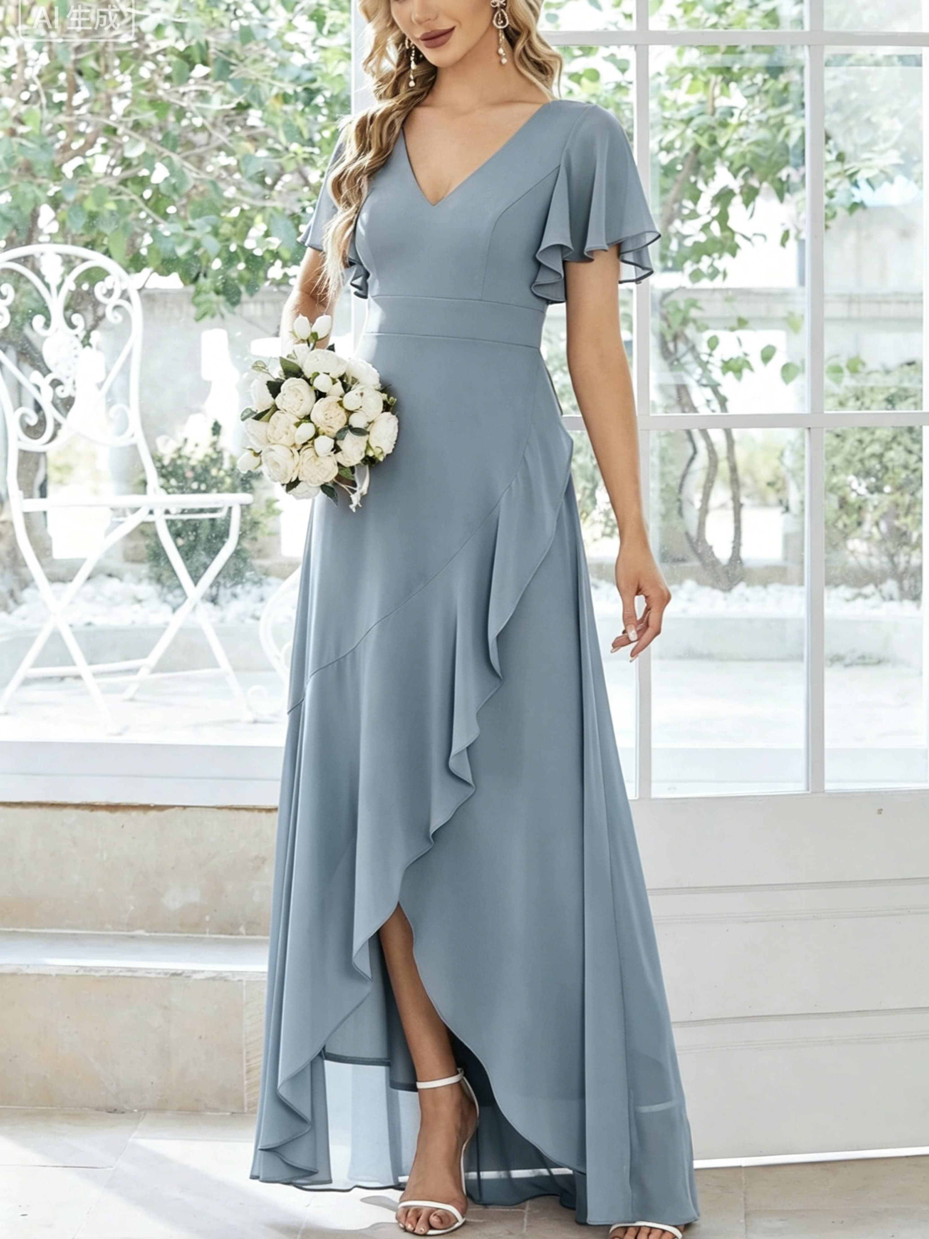 Blue A-Line Maxi Dress with Short Sleeves
