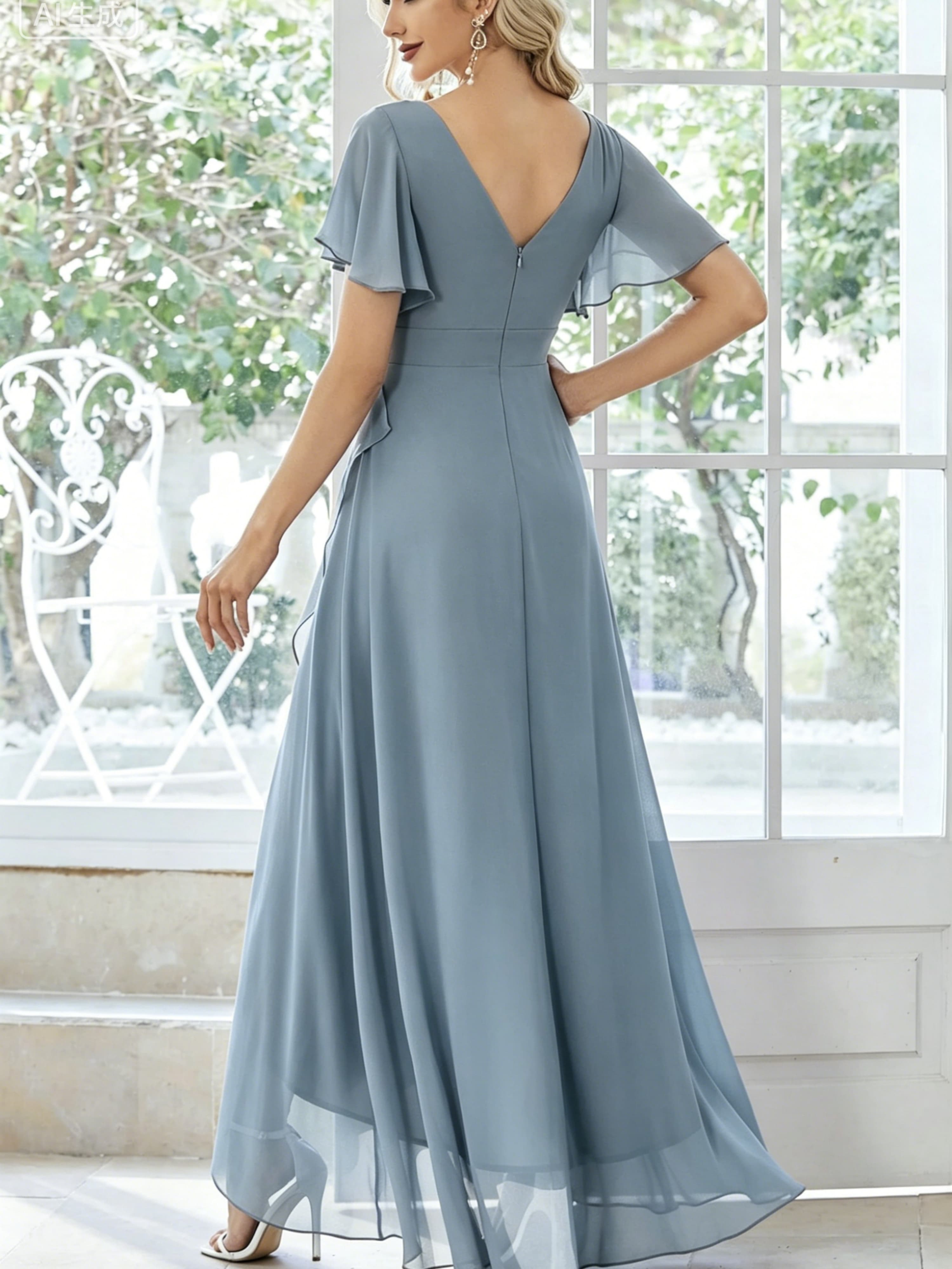 Blue A-Line Maxi Dress with Short Sleeves