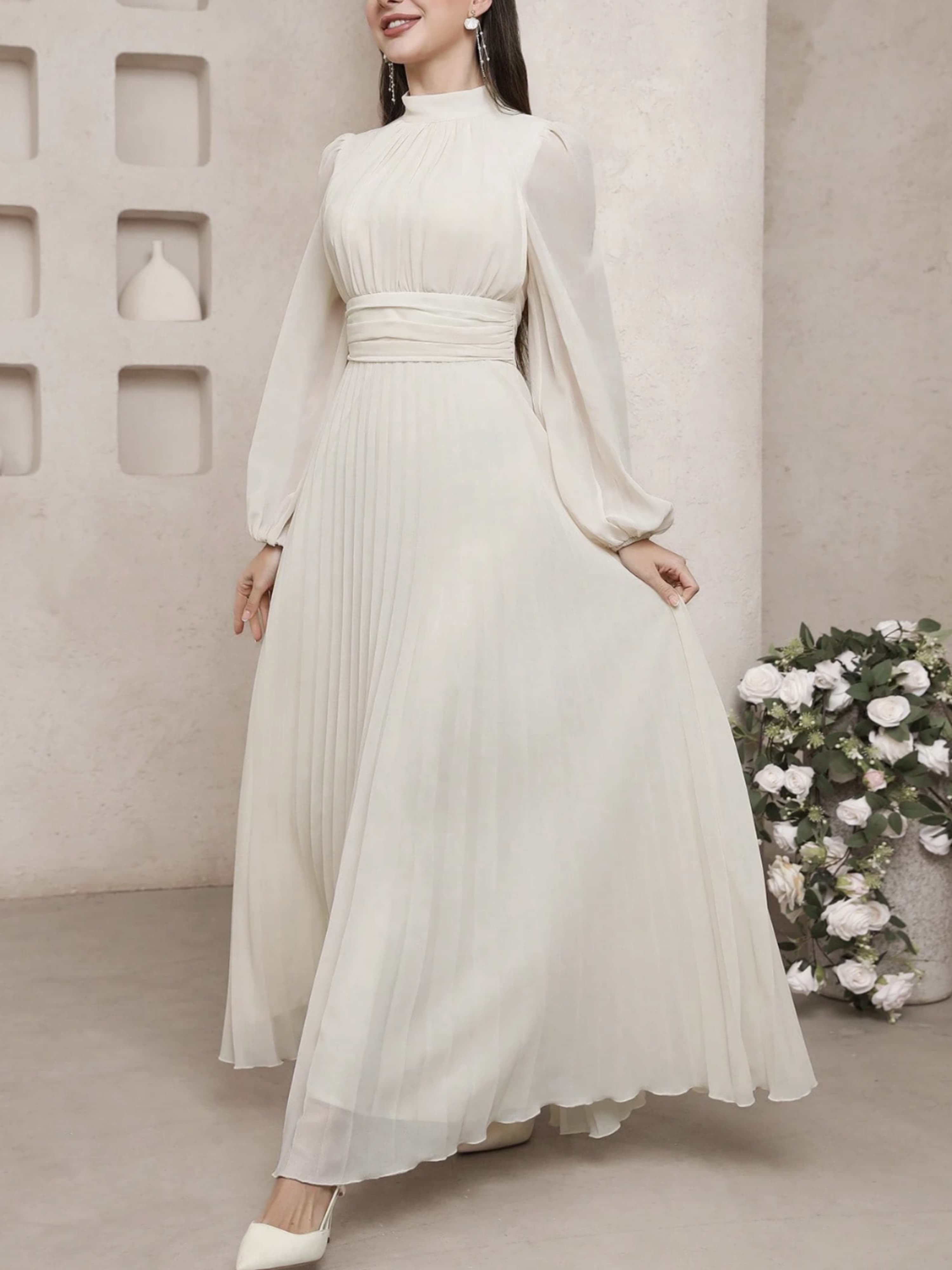 Ivory Pleated Maxi Dress with High Neck and Long Sleeves