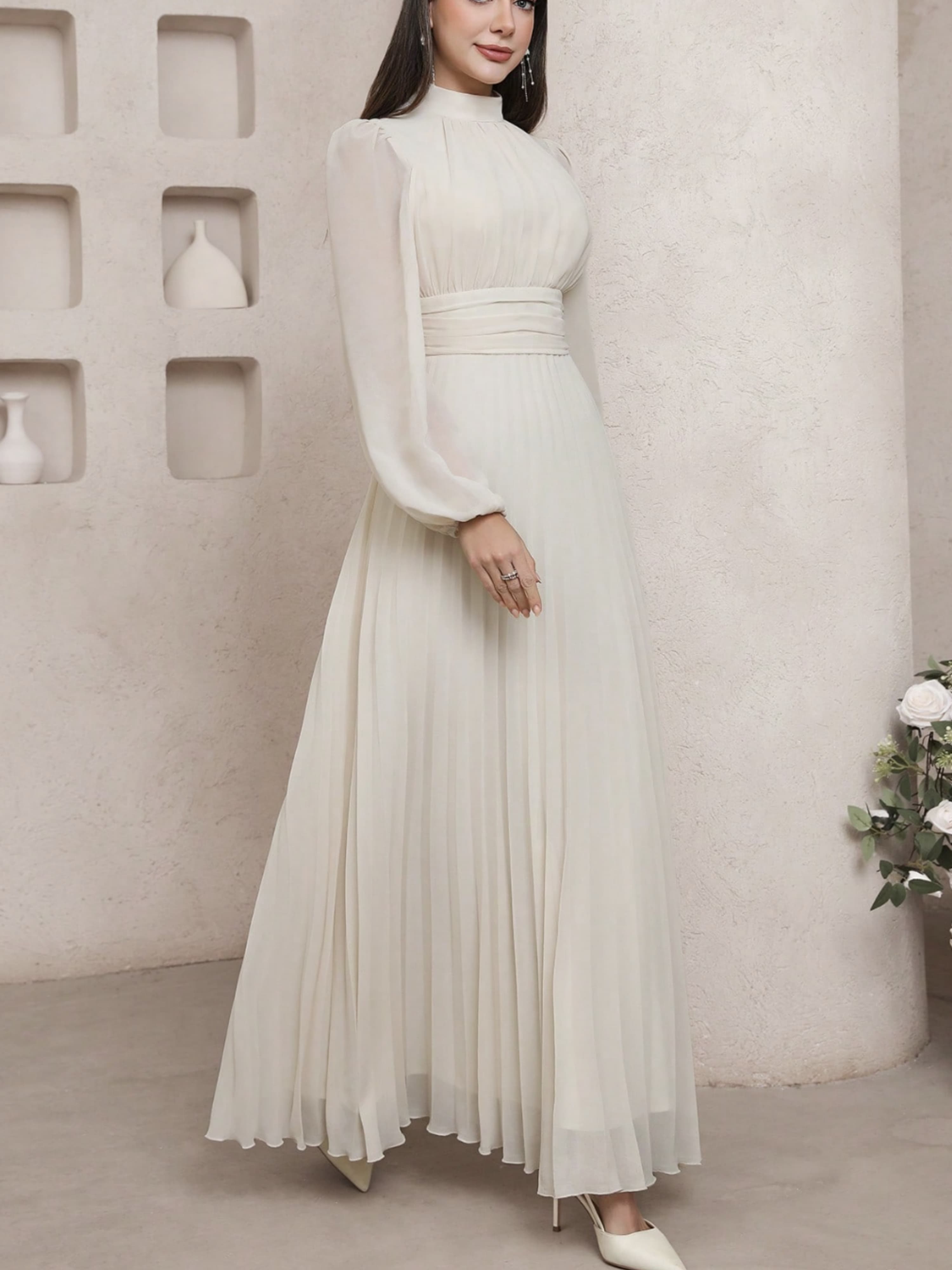 Ivory Pleated Maxi Dress with High Neck and Long Sleeves