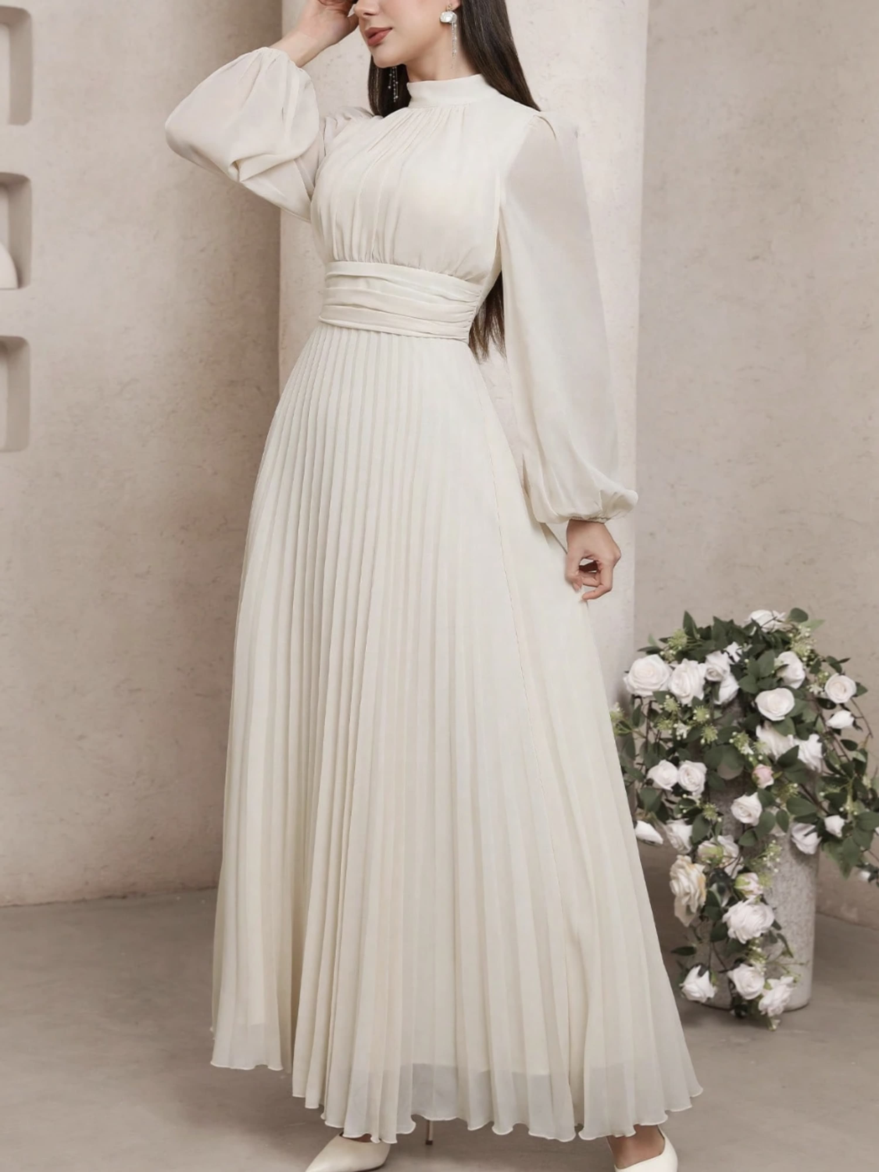 Ivory Pleated Maxi Dress with High Neck and Long Sleeves