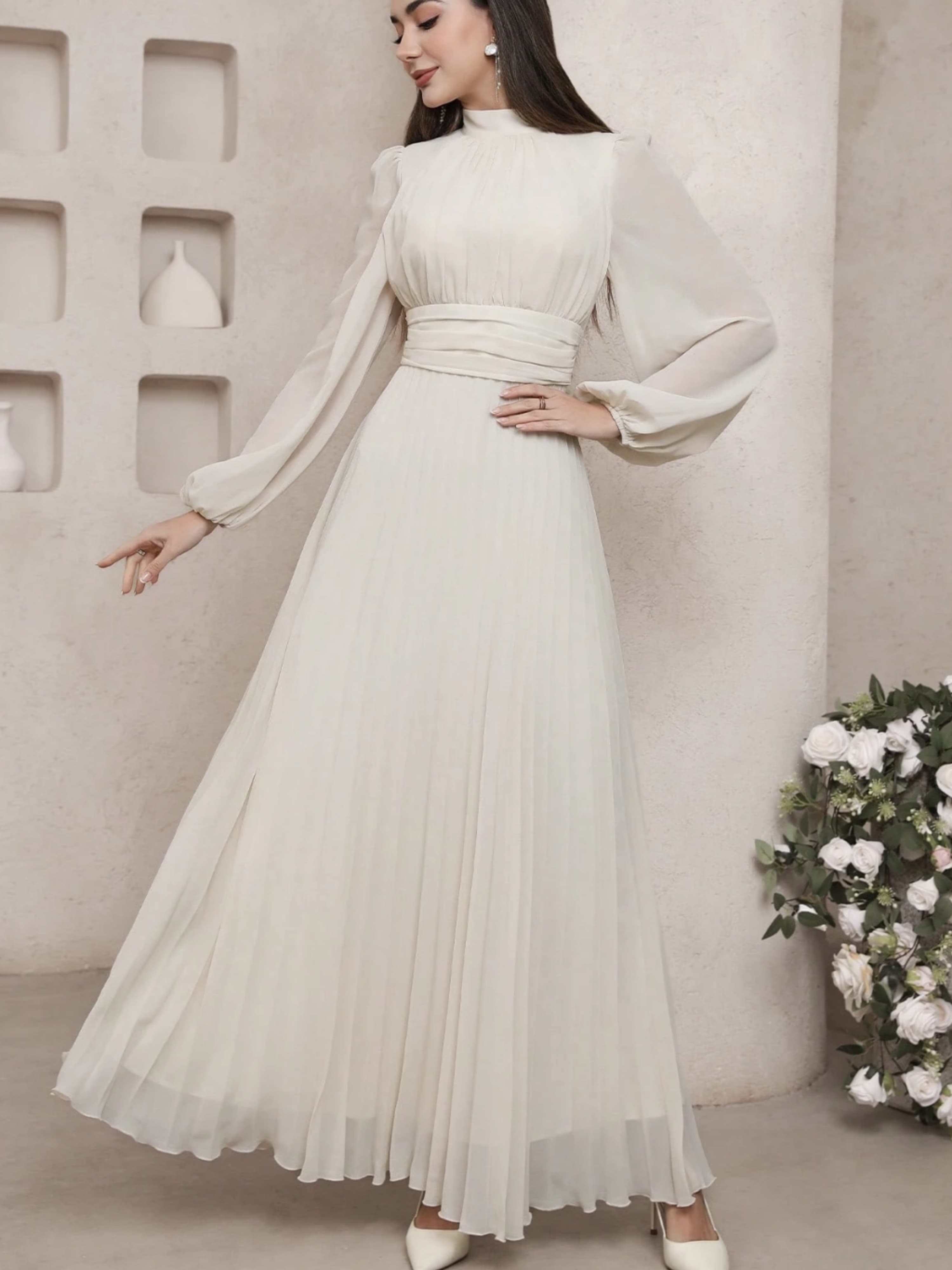 Ivory Pleated Maxi Dress with High Neck and Long Sleeves