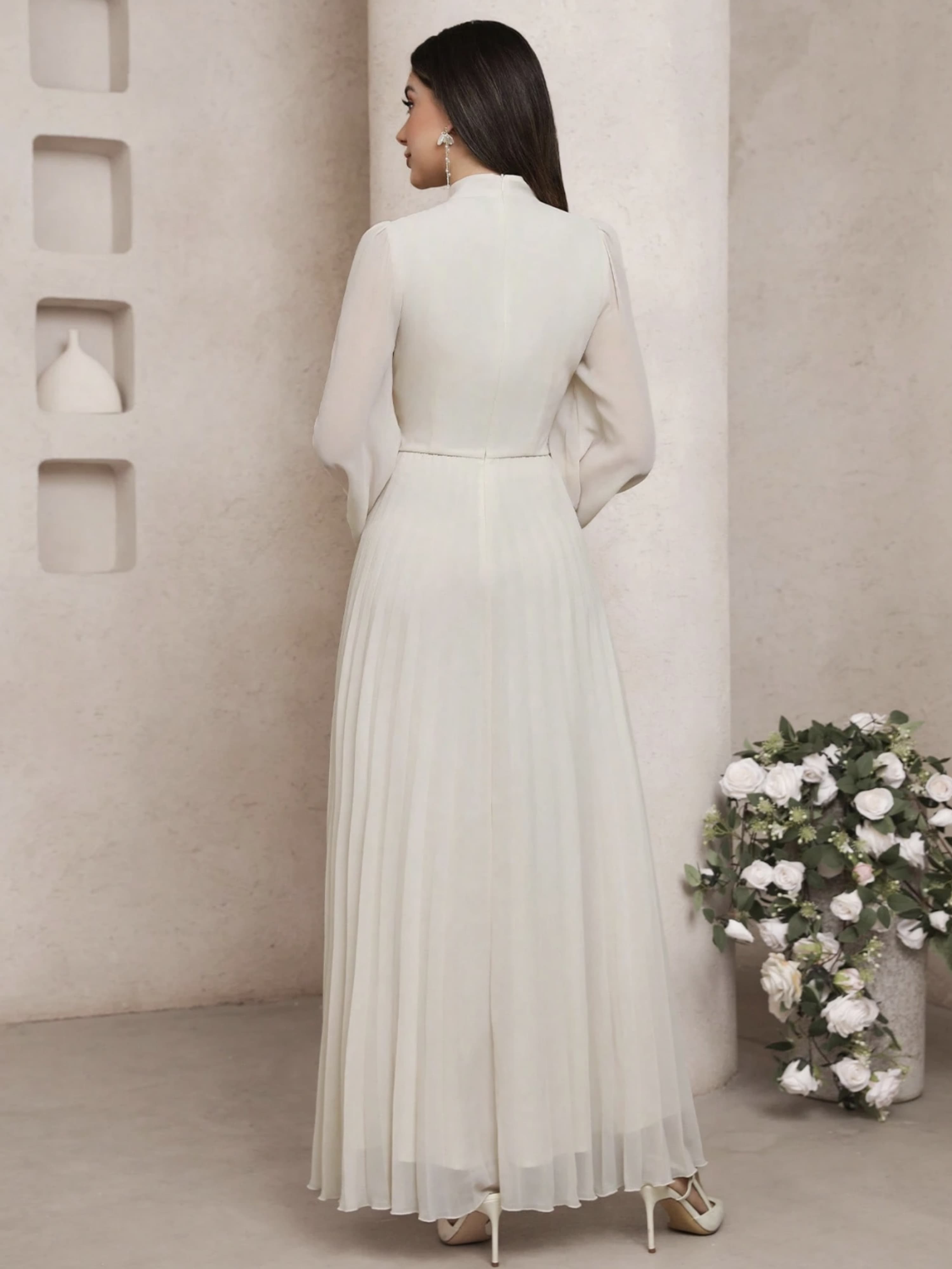 Ivory Pleated Maxi Dress with High Neck and Long Sleeves
