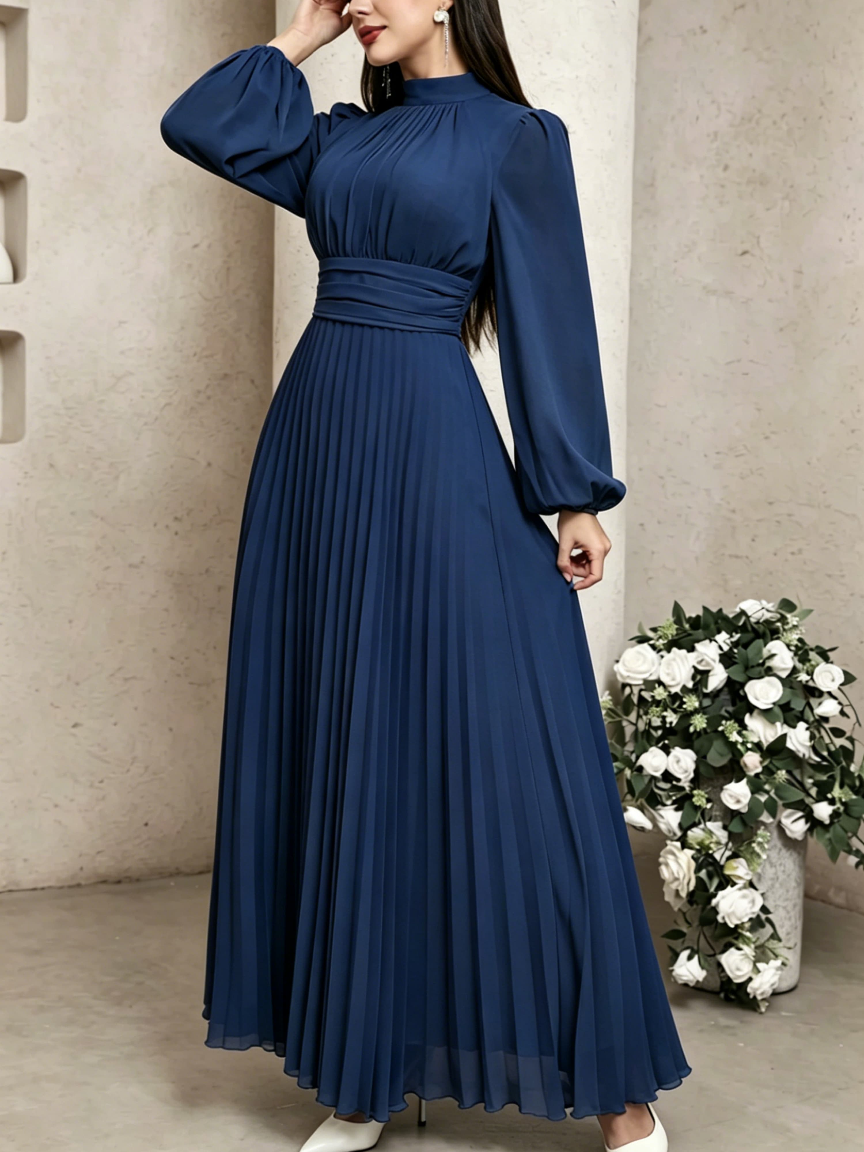 Navy Blue Long Sleeve Maxi A-Line Dress