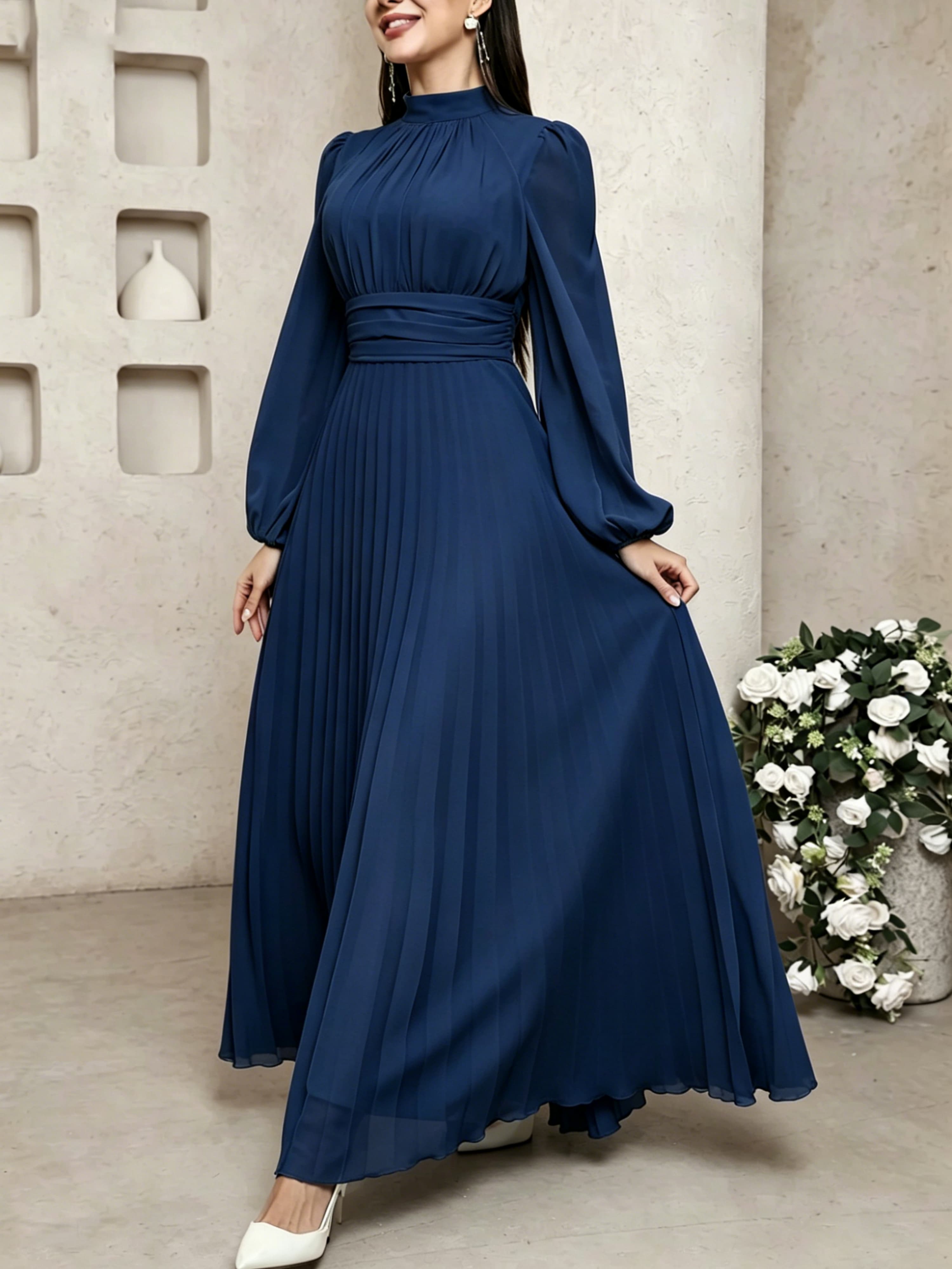 Navy Blue Long Sleeve Maxi A-Line Dress