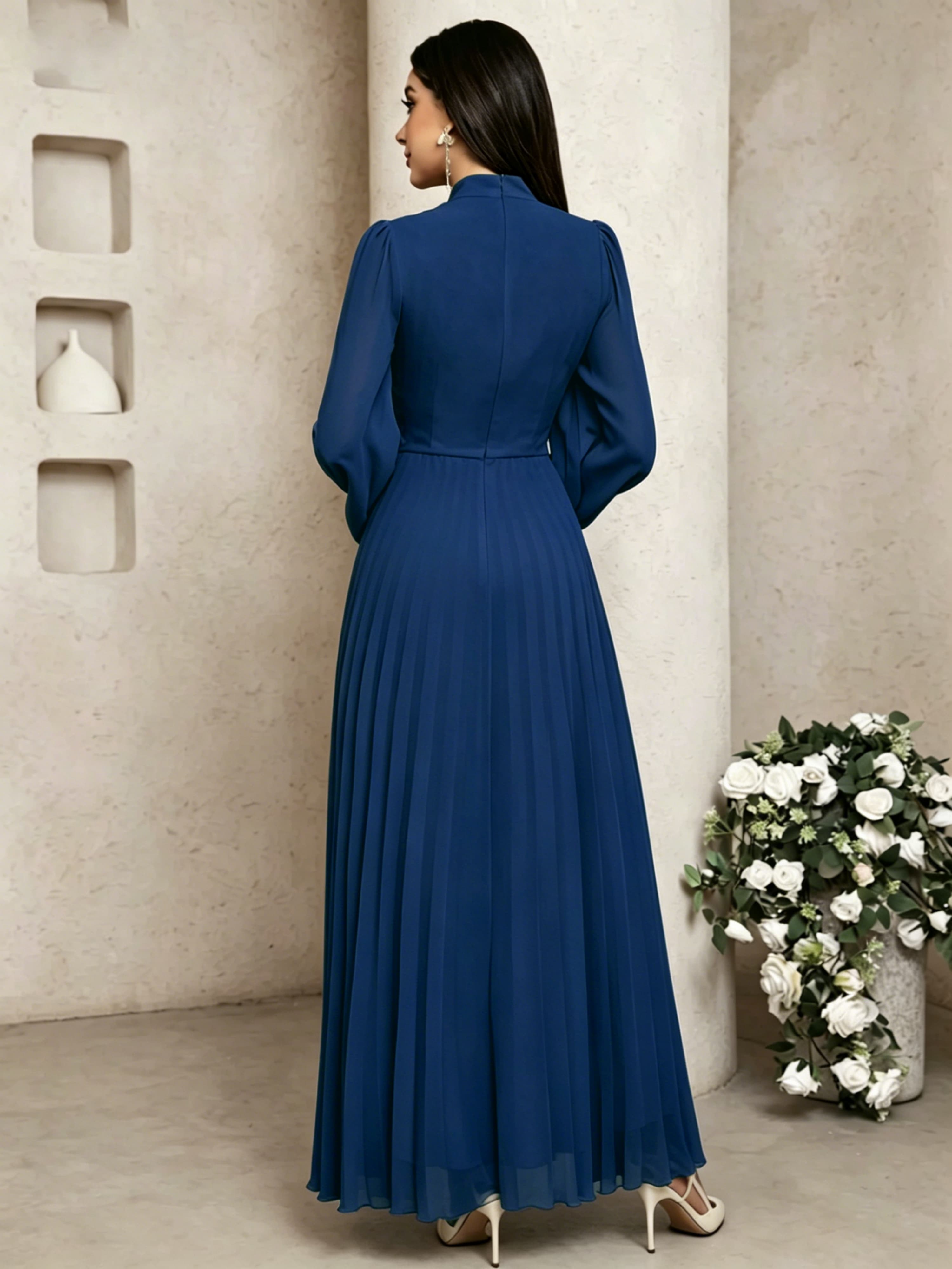 Navy Blue Long Sleeve Maxi A-Line Dress