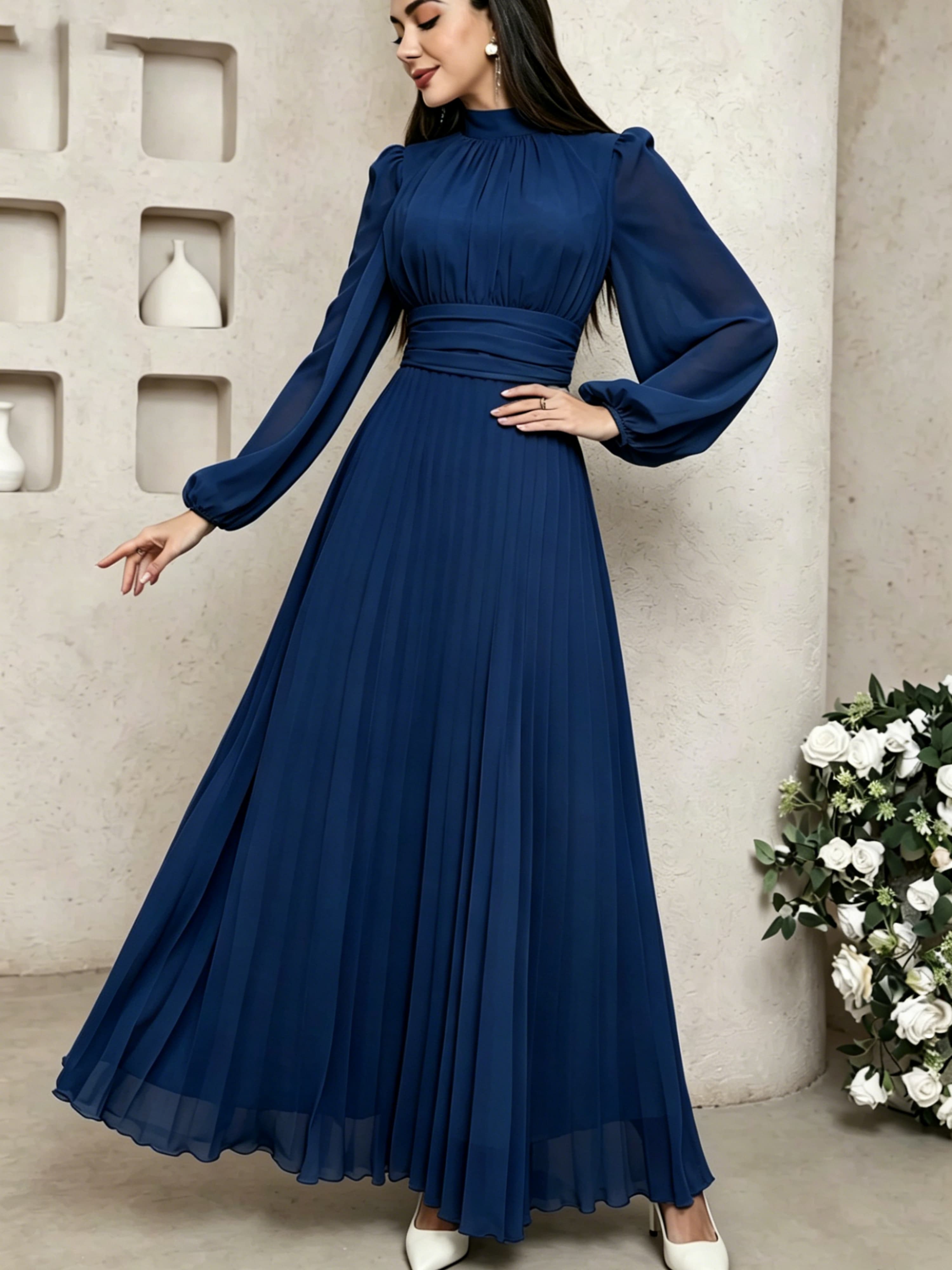 Navy Blue Long Sleeve Maxi A-Line Dress