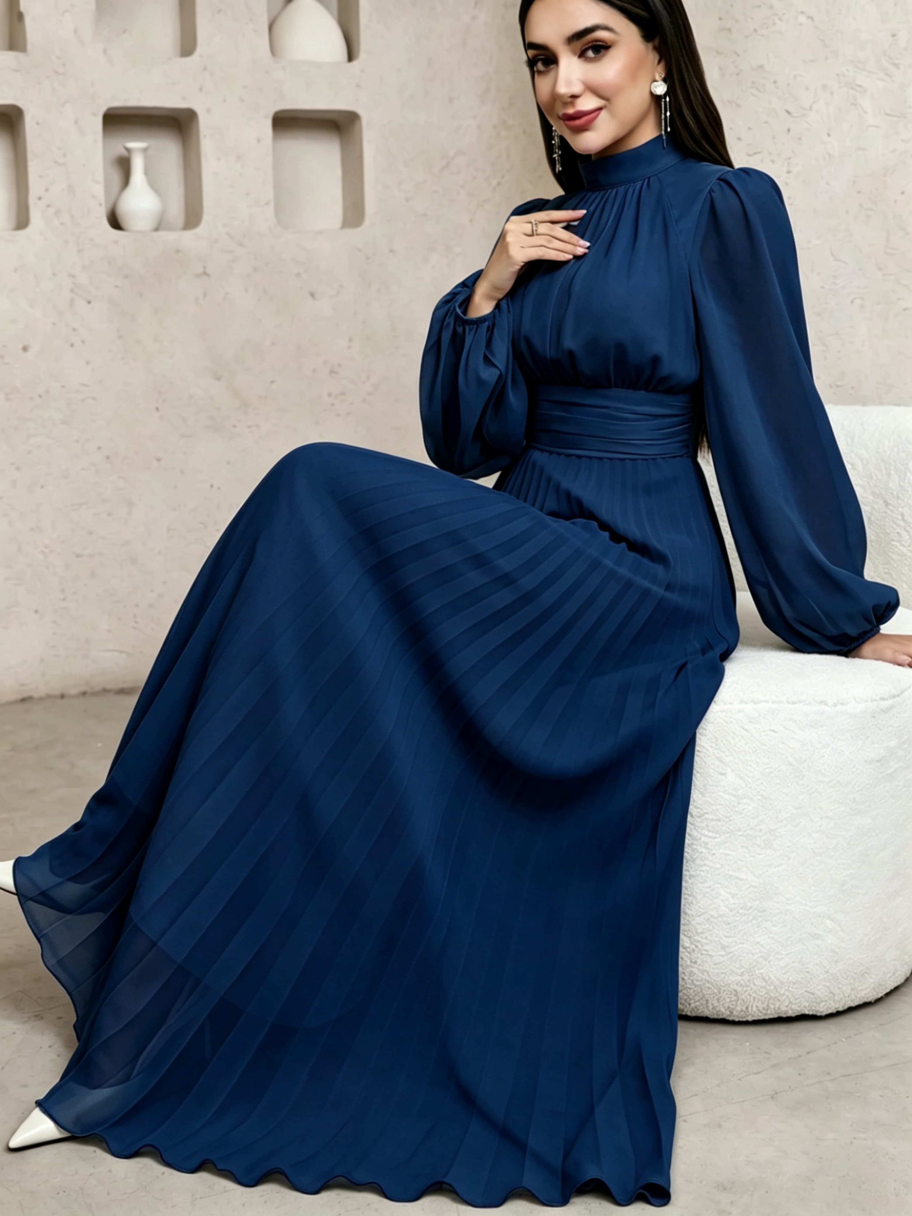 Navy Blue Long Sleeve Maxi A-Line Dress