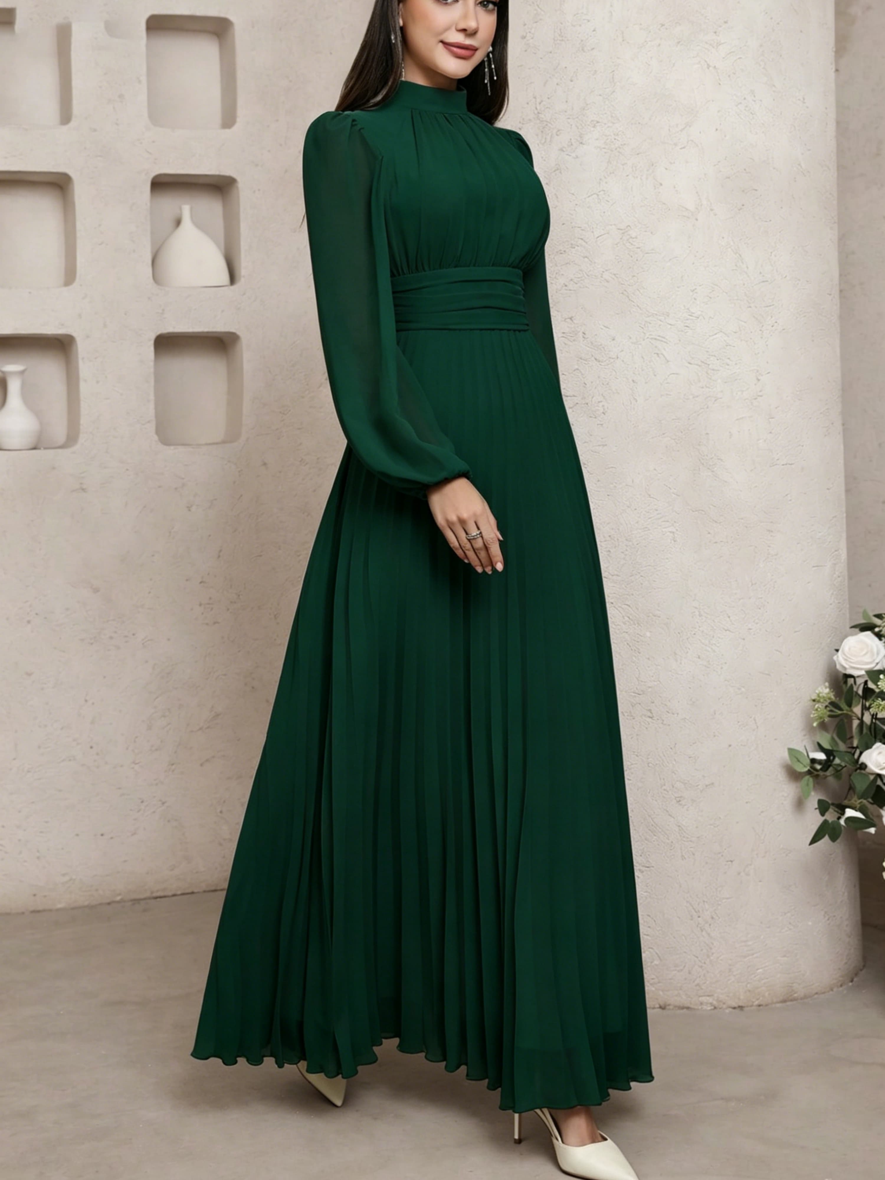 Emerald Green Maxi Dress with Pleats and High Neck