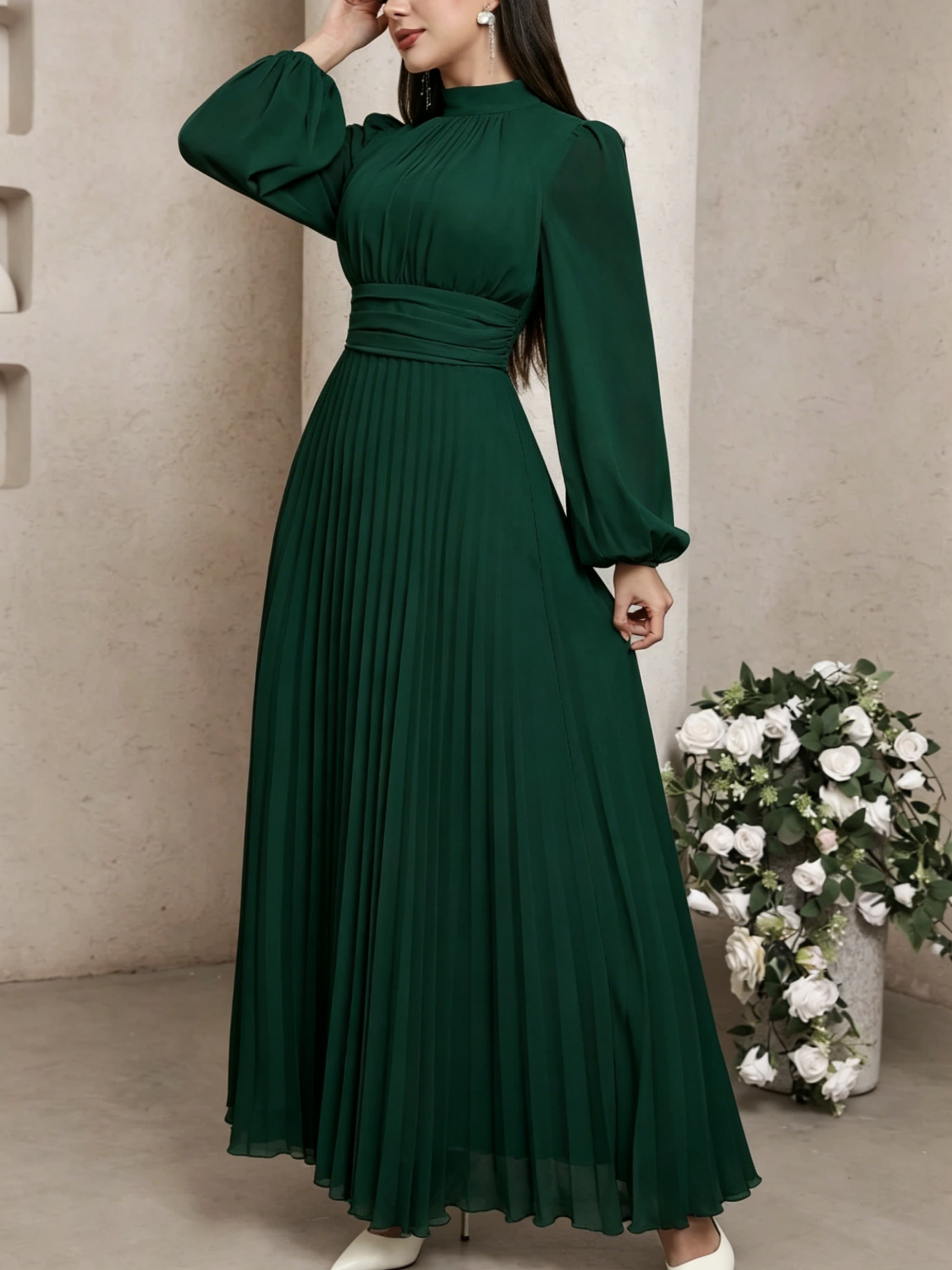 Emerald Green Maxi Dress with Pleats and High Neck