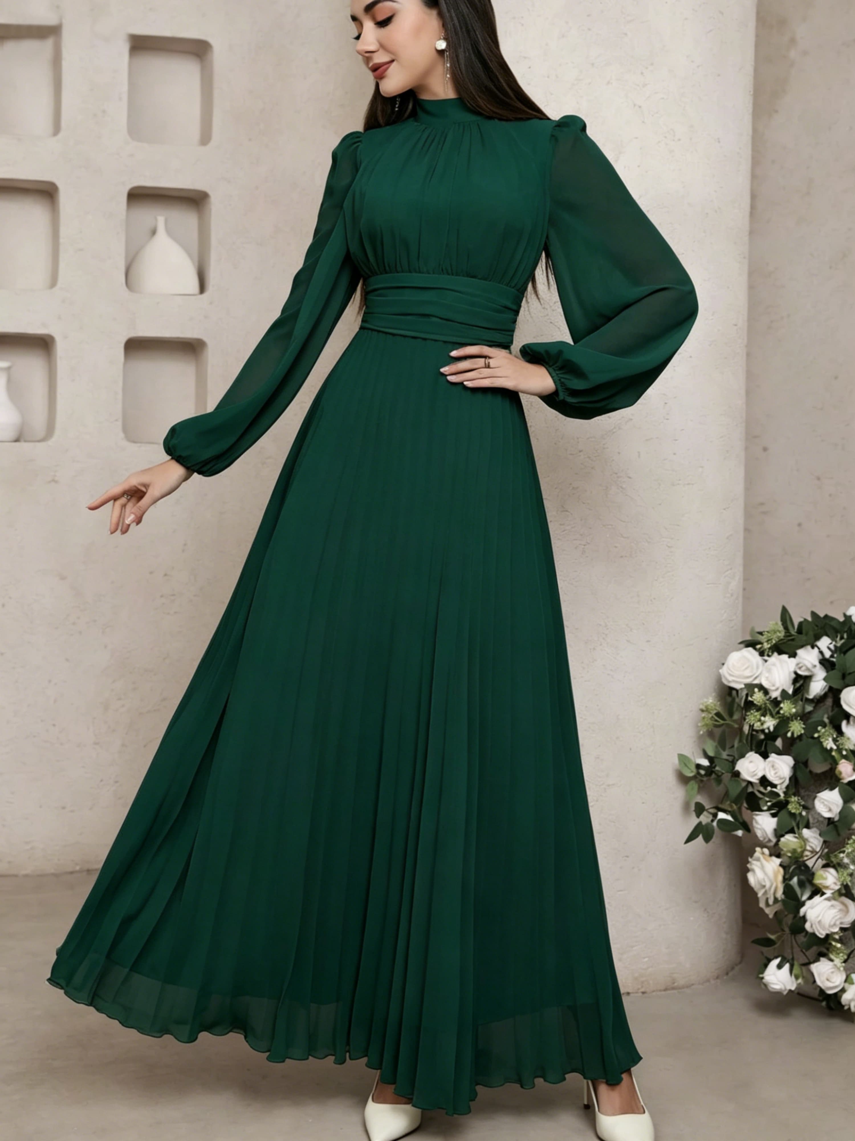 Emerald Green Maxi Dress with Pleats and High Neck