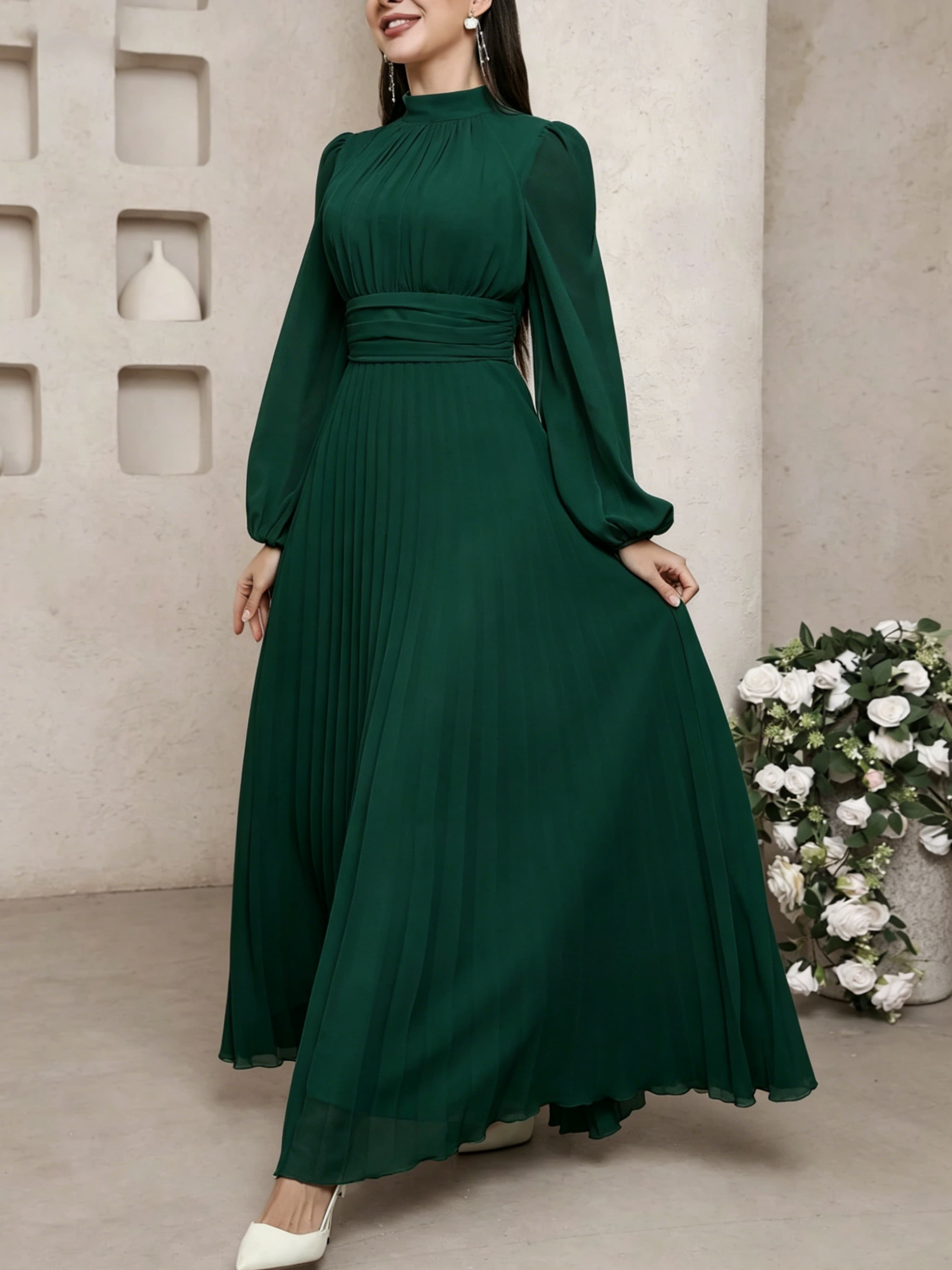 Emerald Green Maxi Dress with Pleats and High Neck