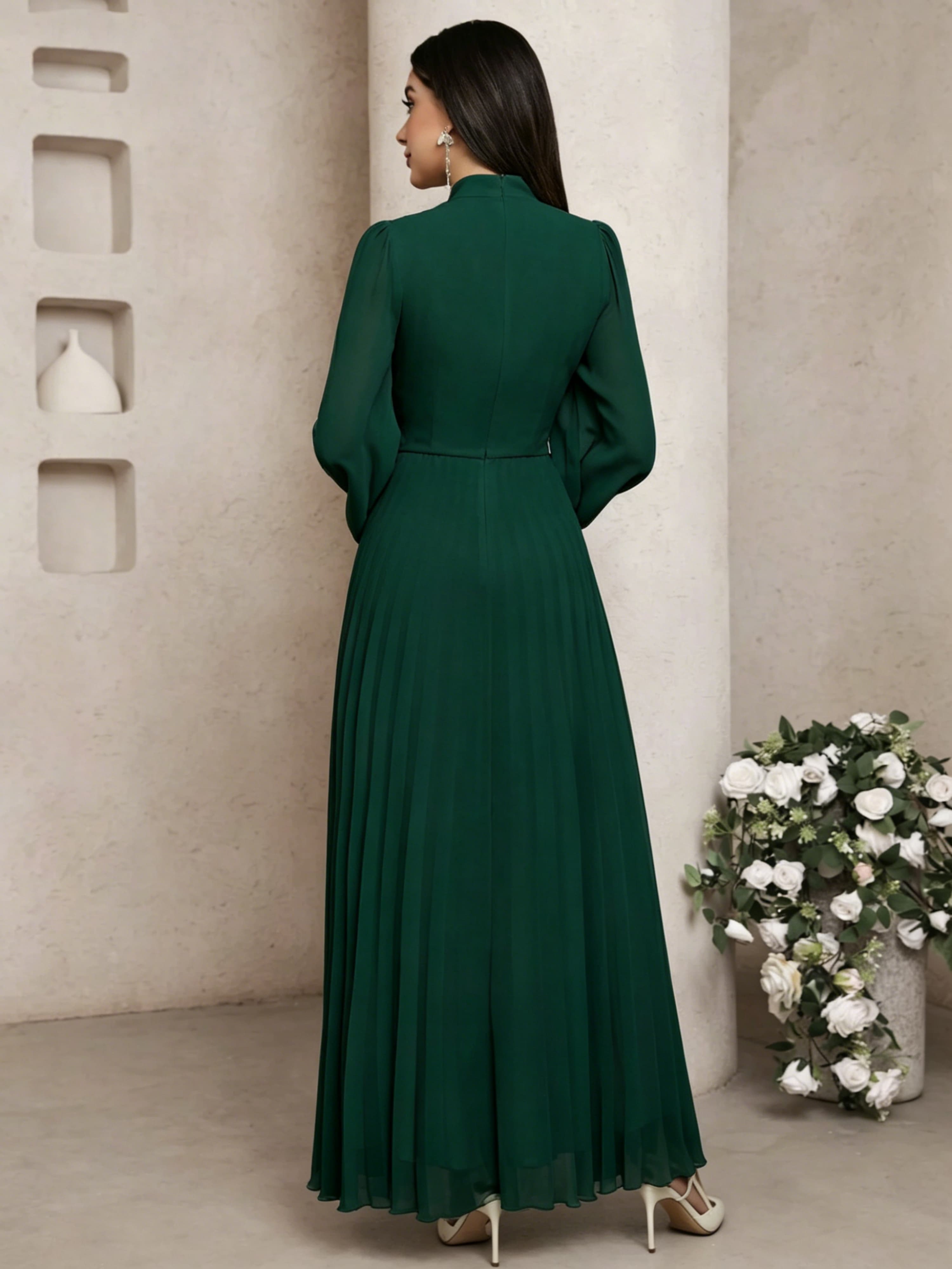 Emerald Green Maxi Dress with Pleats and High Neck