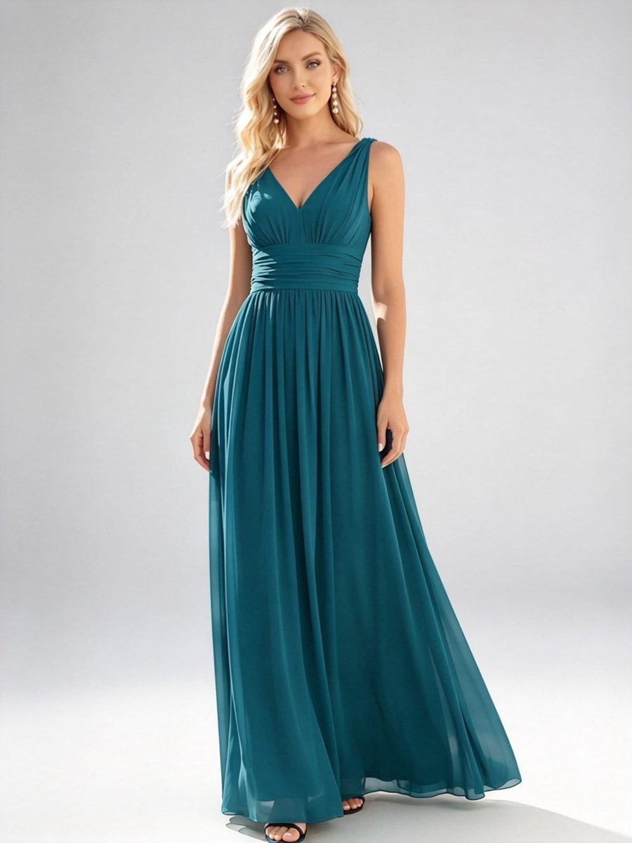  Teal V Neck A-Line Maxi Dress