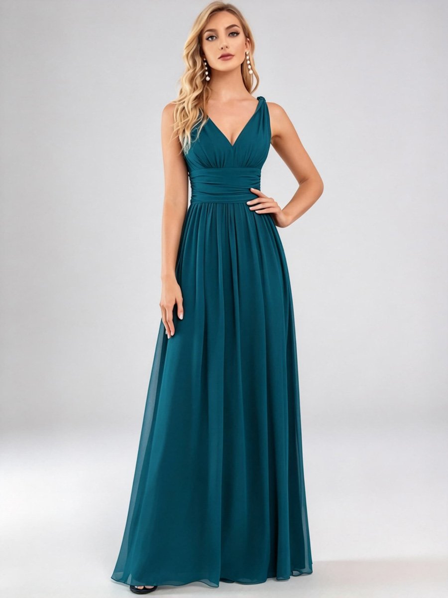  Teal V Neck A-Line Maxi Dress
