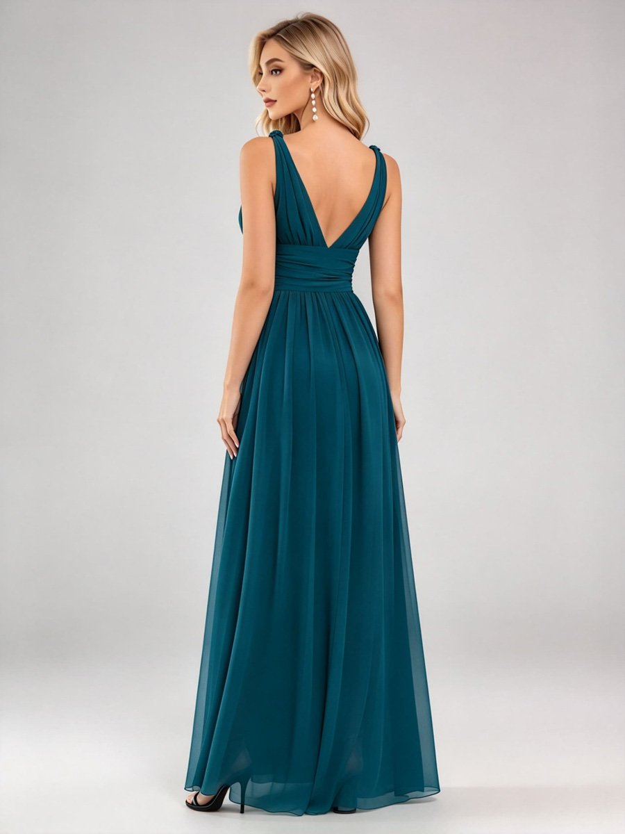  Teal V Neck A-Line Maxi Dress