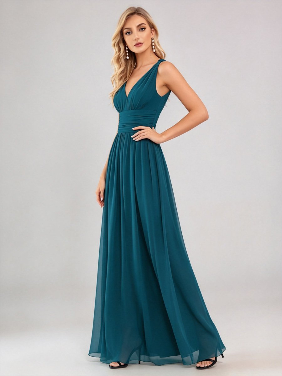  Teal V Neck A-Line Maxi Dress