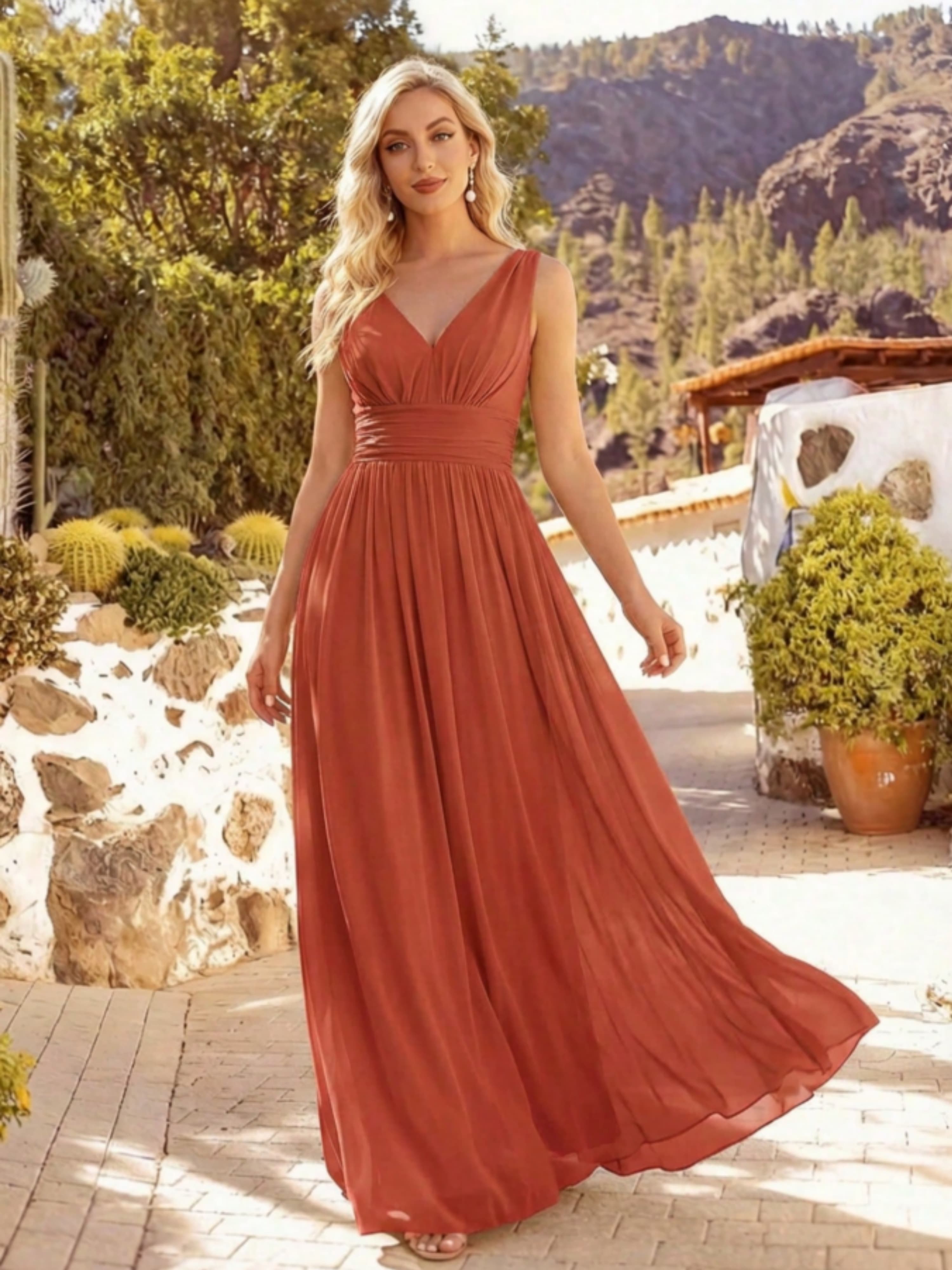 Orange Maxi Sleeveless V-Neck A-Line Dress
