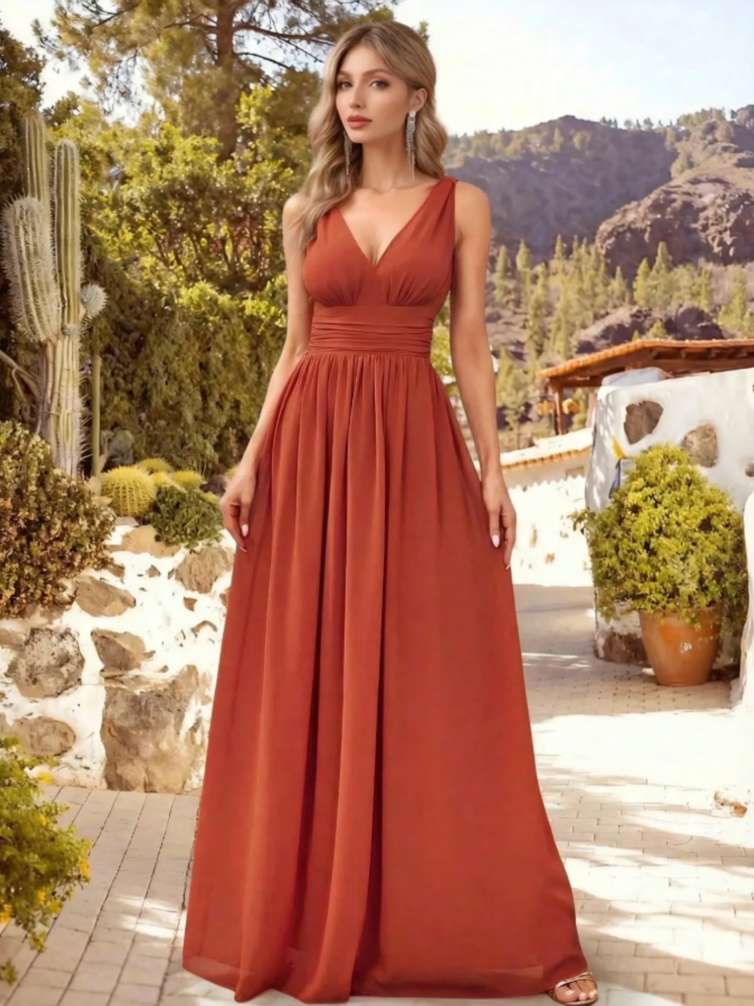 Orange Maxi Sleeveless V-Neck A-Line Dress