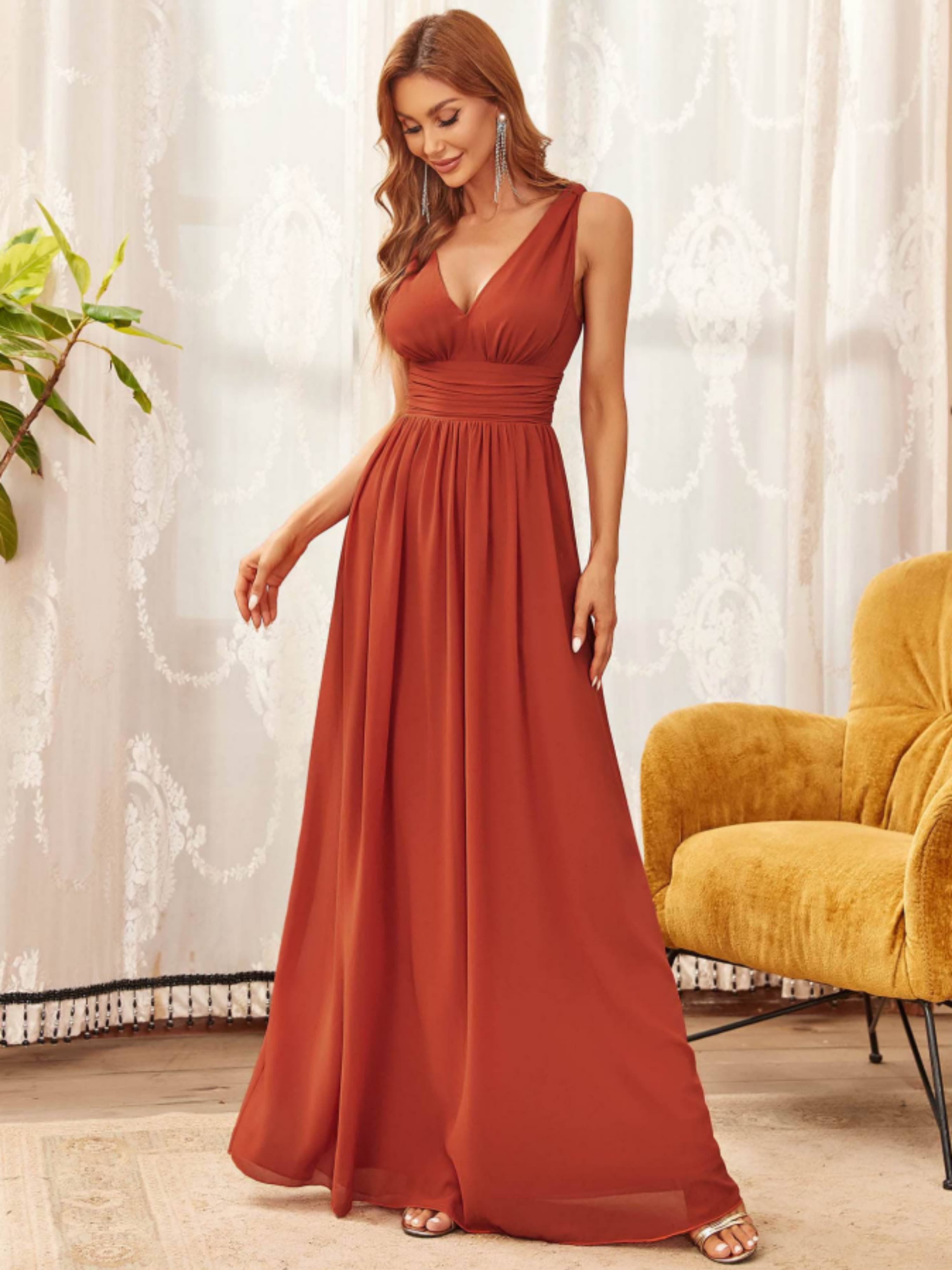 Orange Maxi Sleeveless V-Neck A-Line Dress