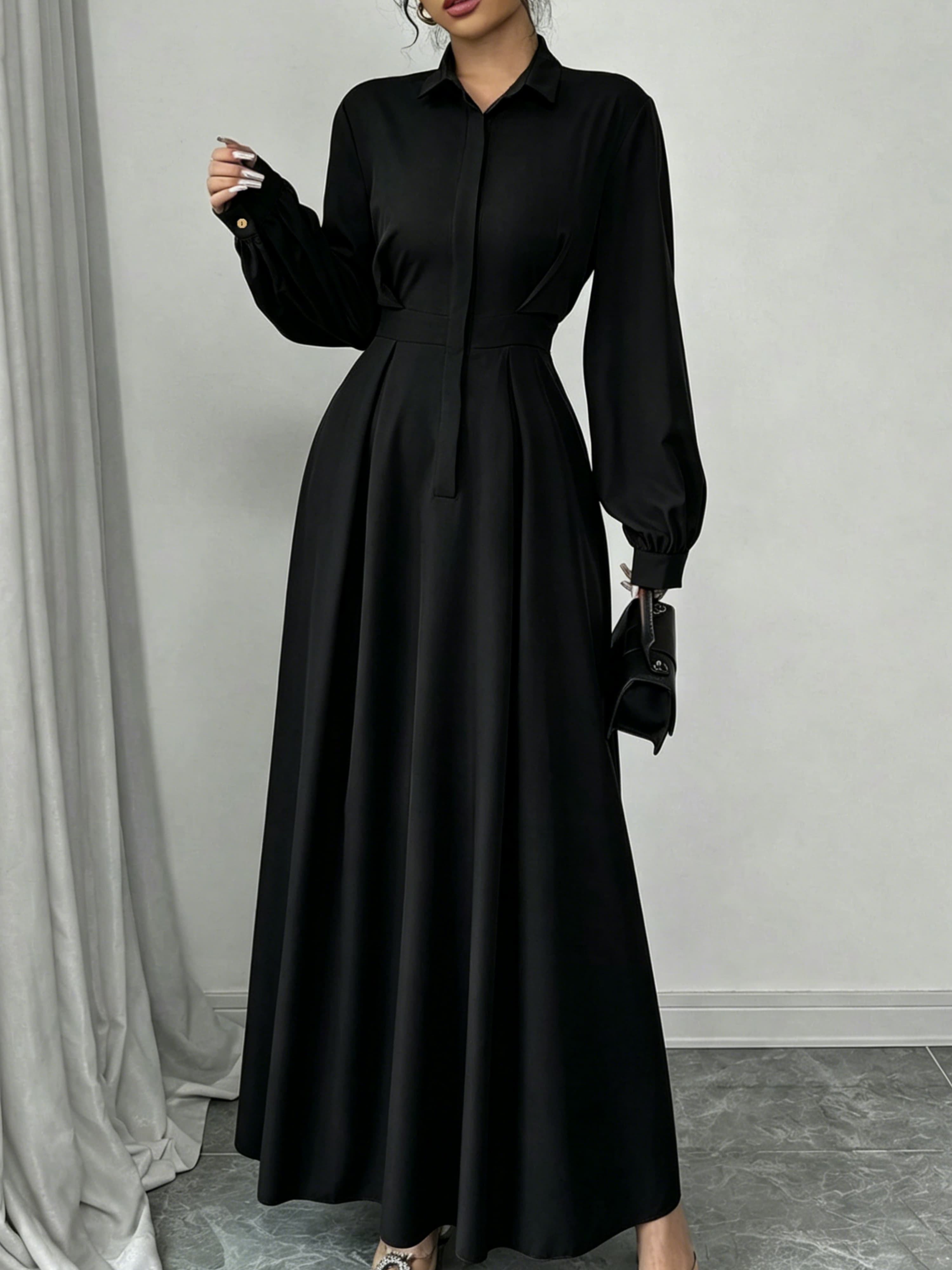 Black A-Line Maxi Shirt Dress with Long Sleeves