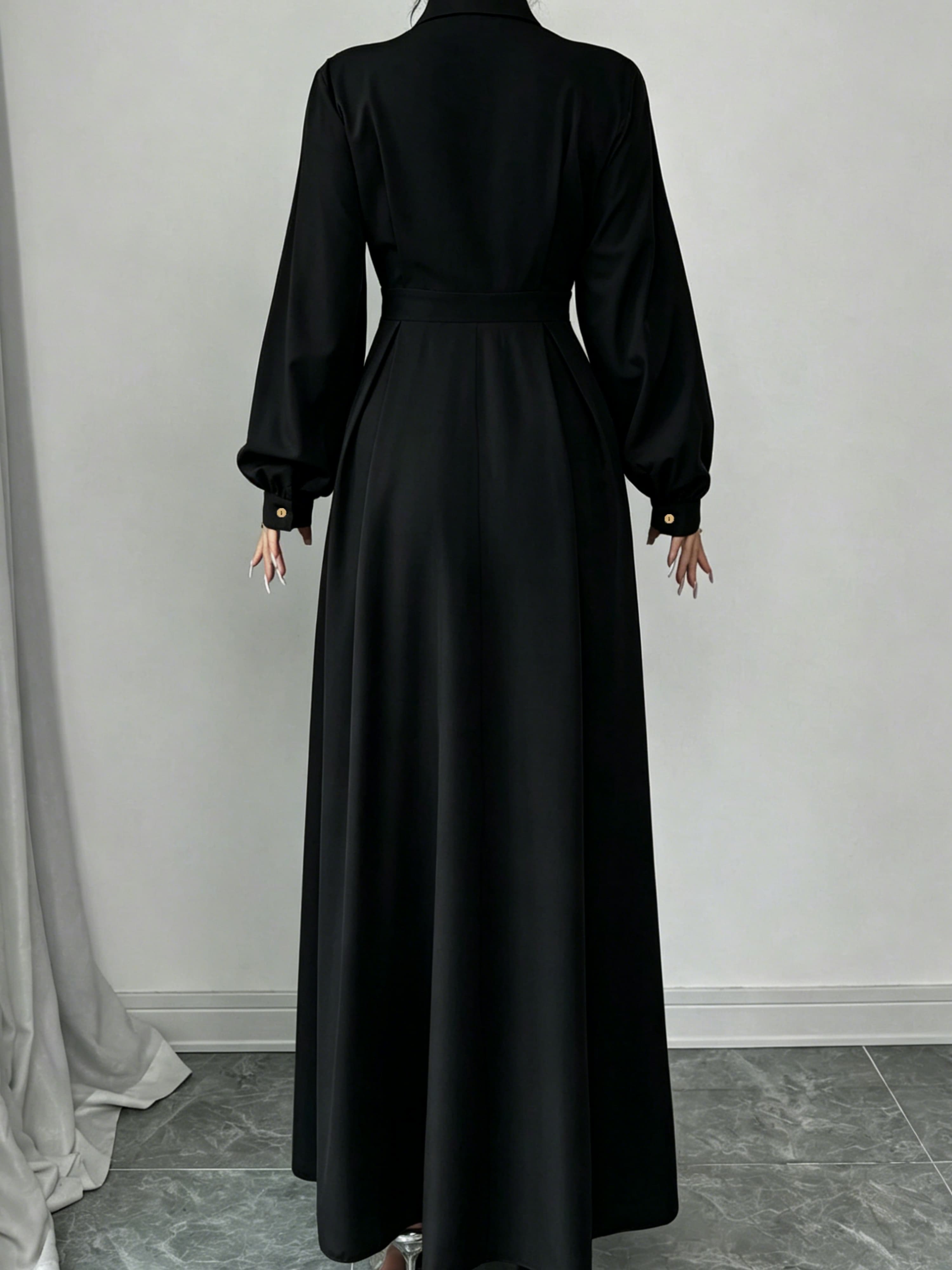 Black A-Line Maxi Shirt Dress with Long Sleeves