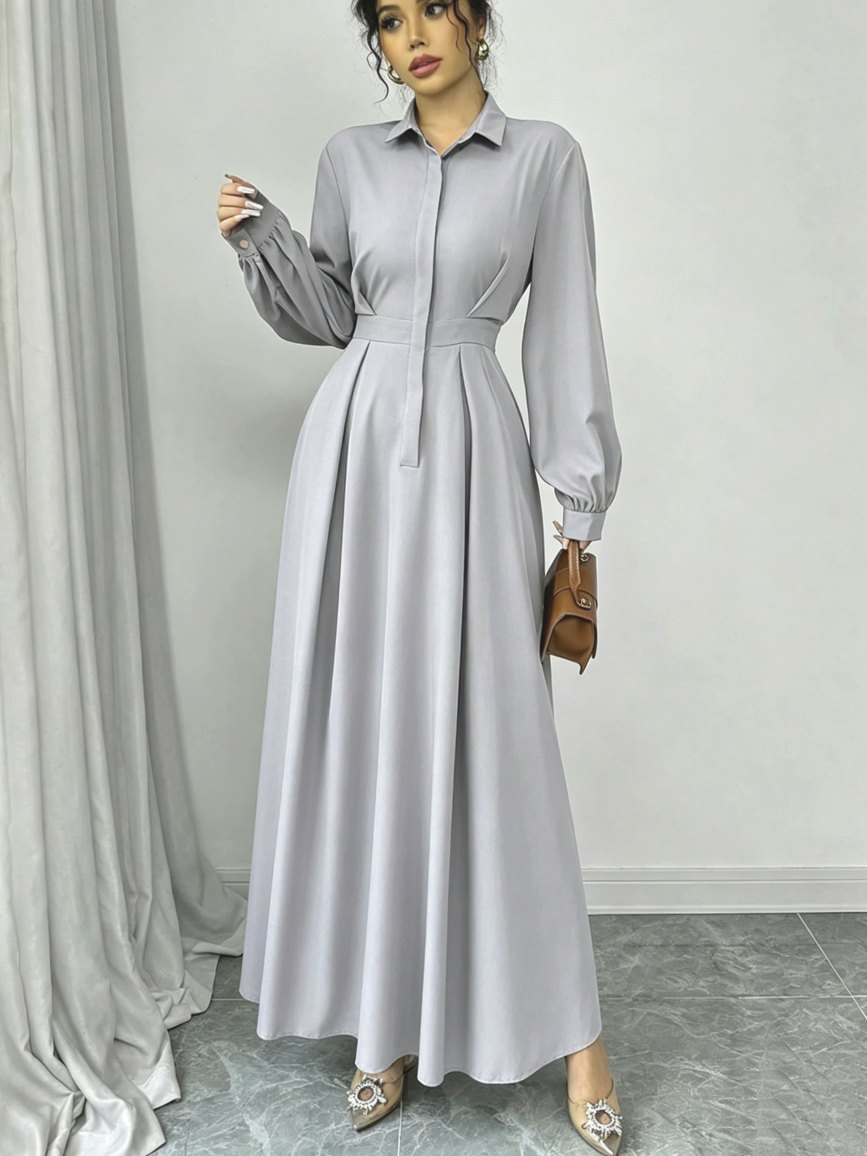 Grey Maxi Shirt Dress with Belt and Long Sleeves