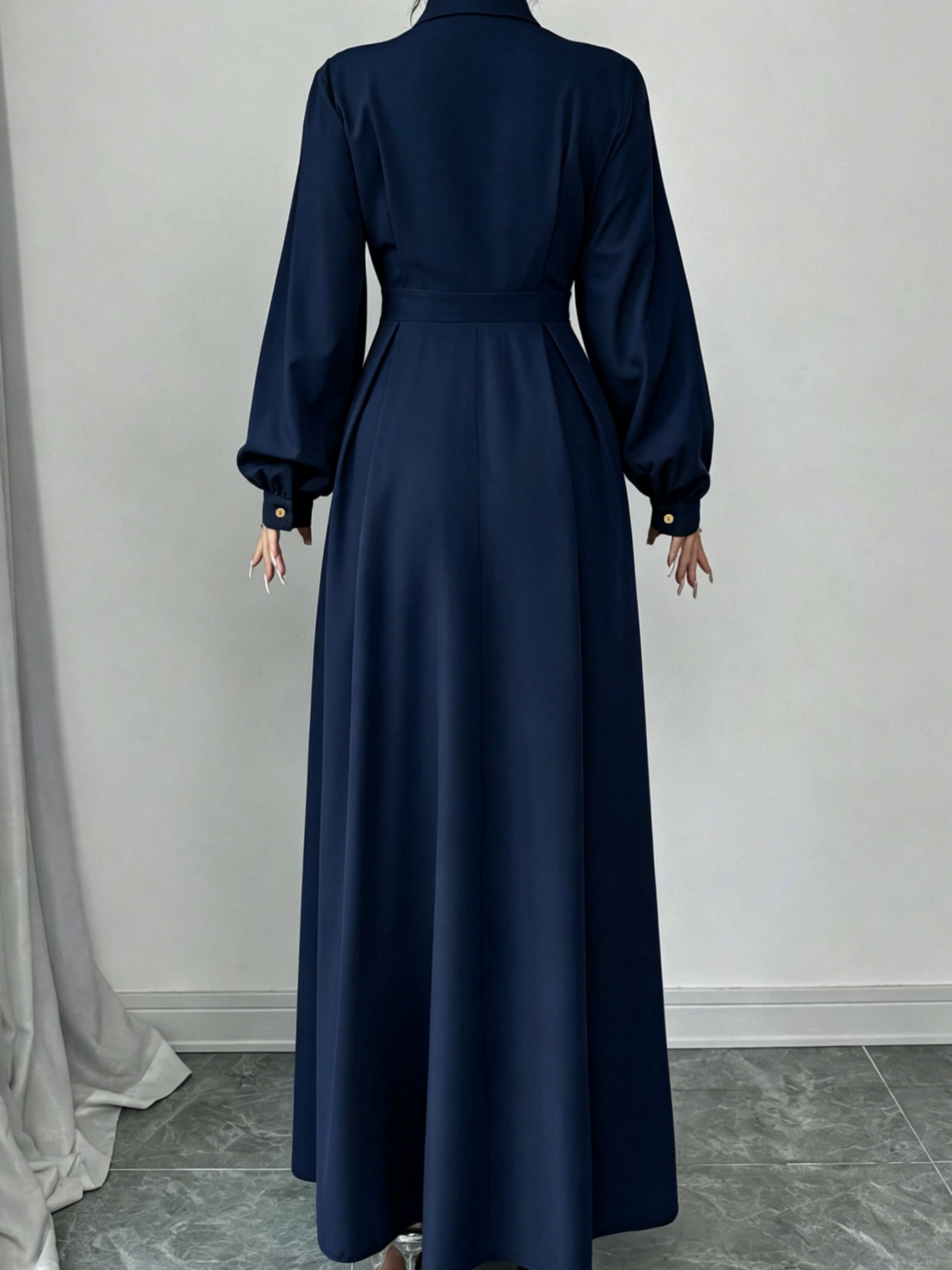 Navy A-Line Maxi Dress with Long Sleeves