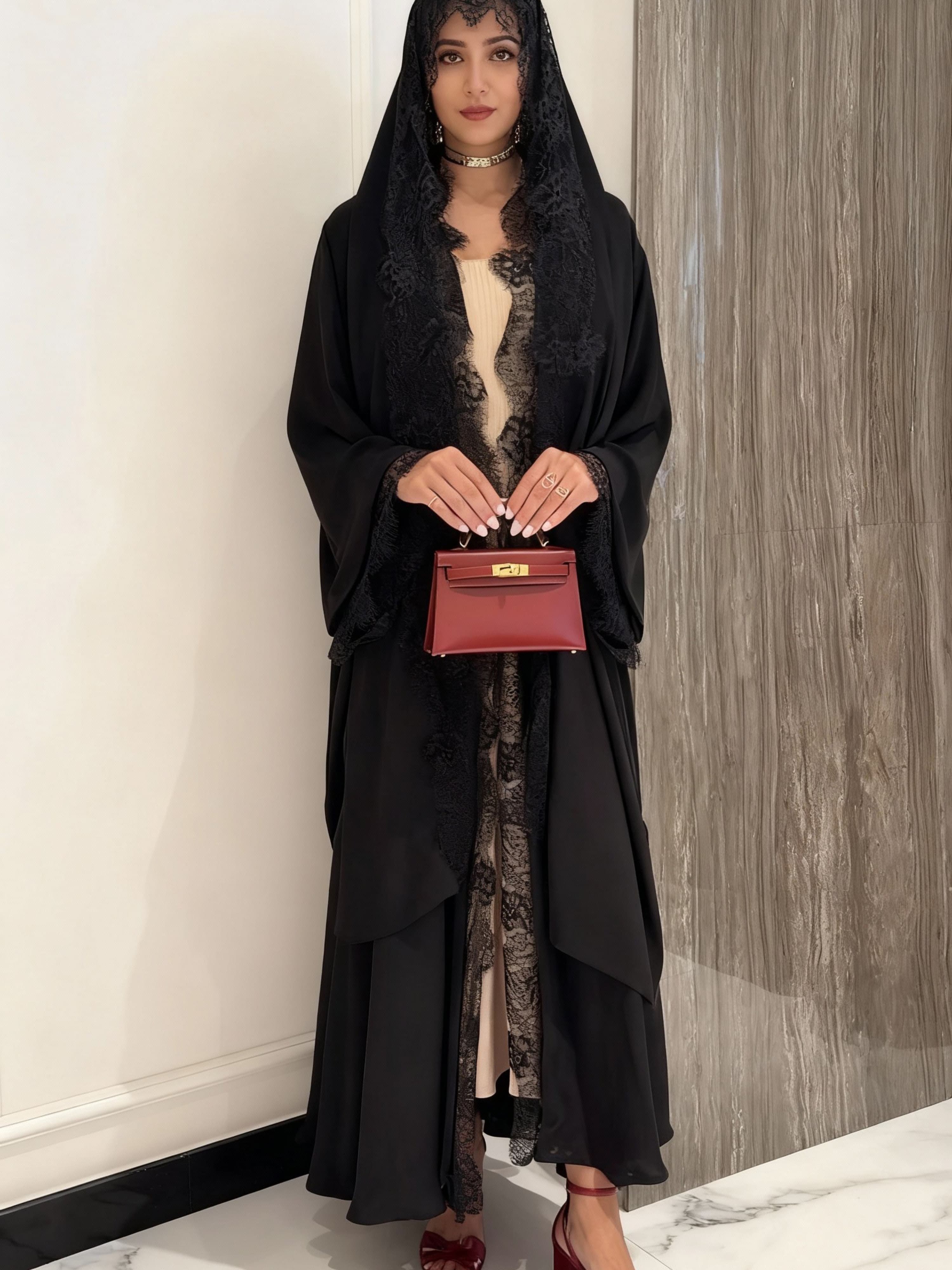 Black Lace Layered Open Abaya With Hijab