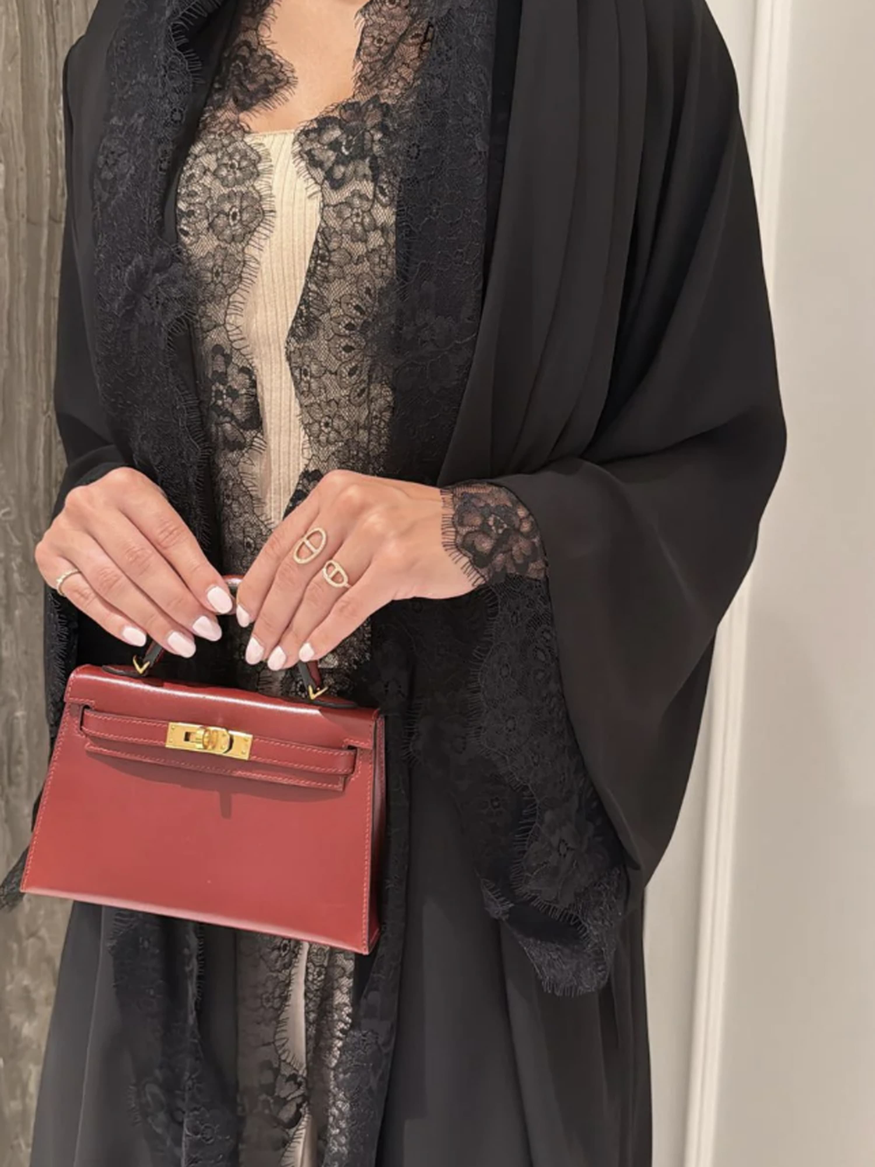 Black Lace Layered Open Abaya With Hijab