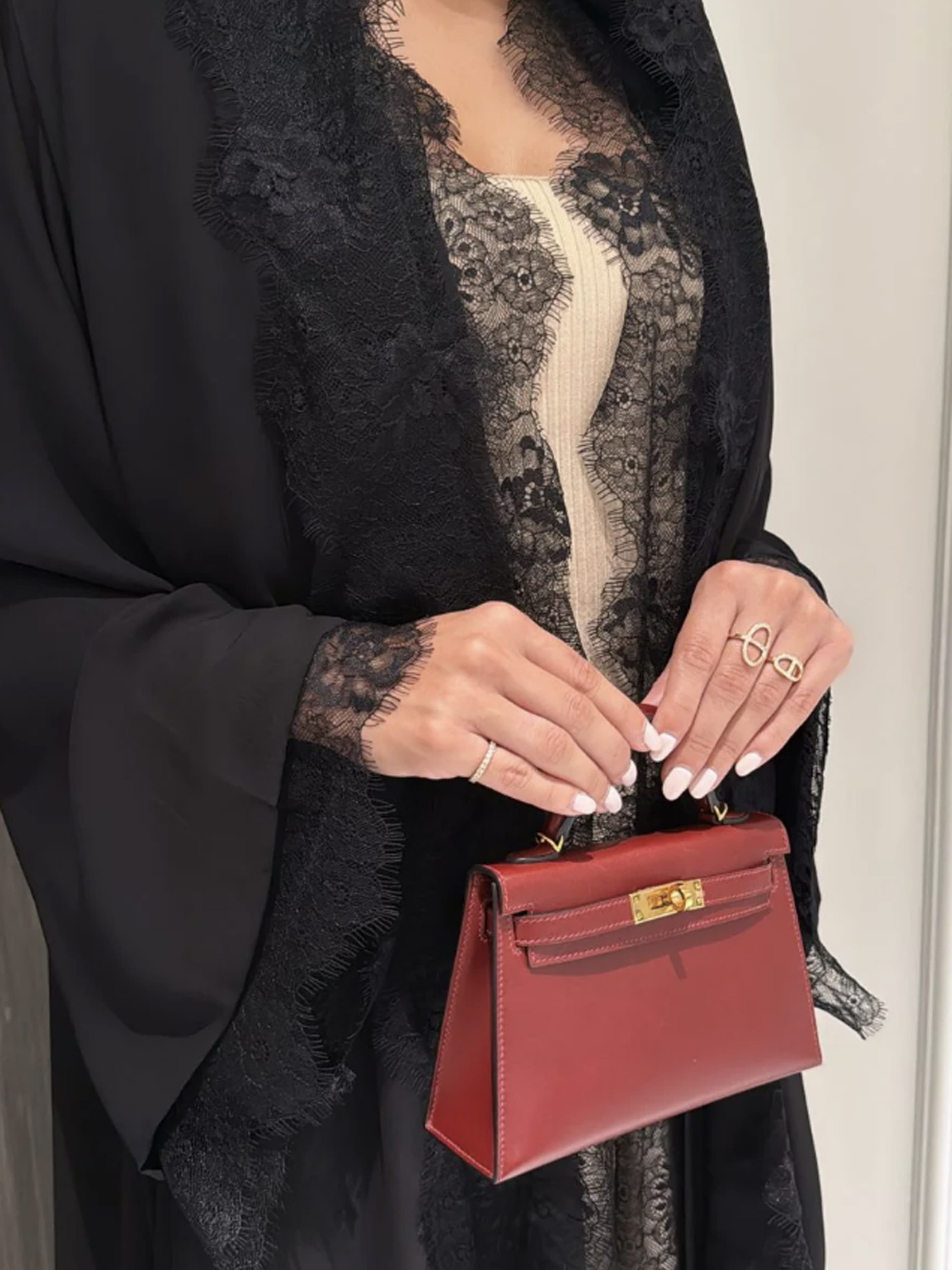 Black Lace Layered Open Abaya With Hijab