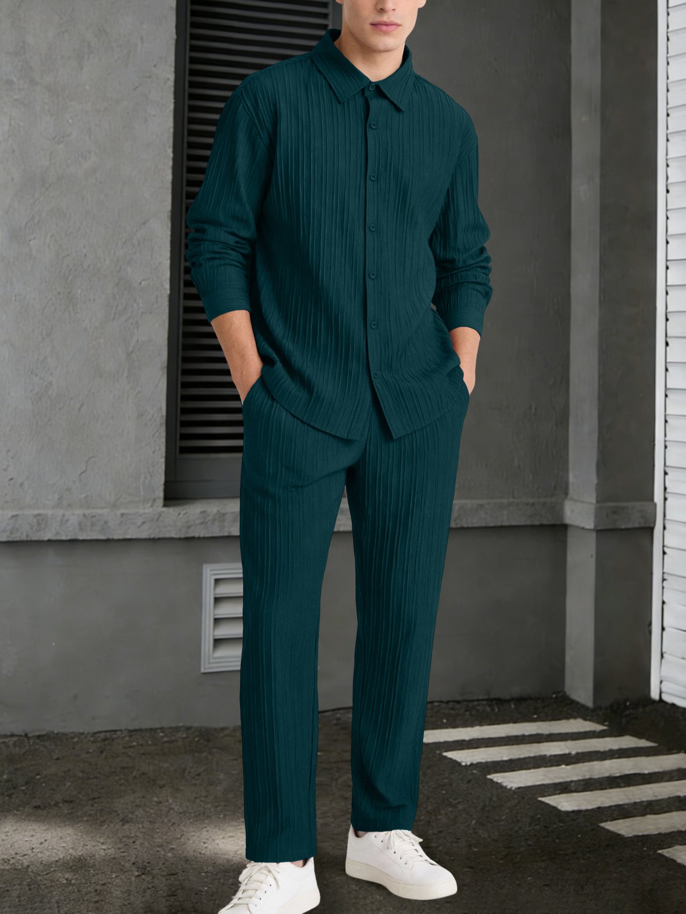 Men Loose Long Sleeve Shirt Straight Trousers Set