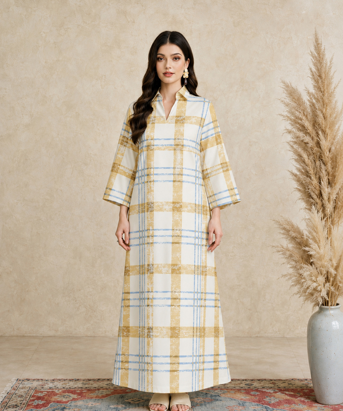 Multi Plaid Print Open Collar Jalabiya