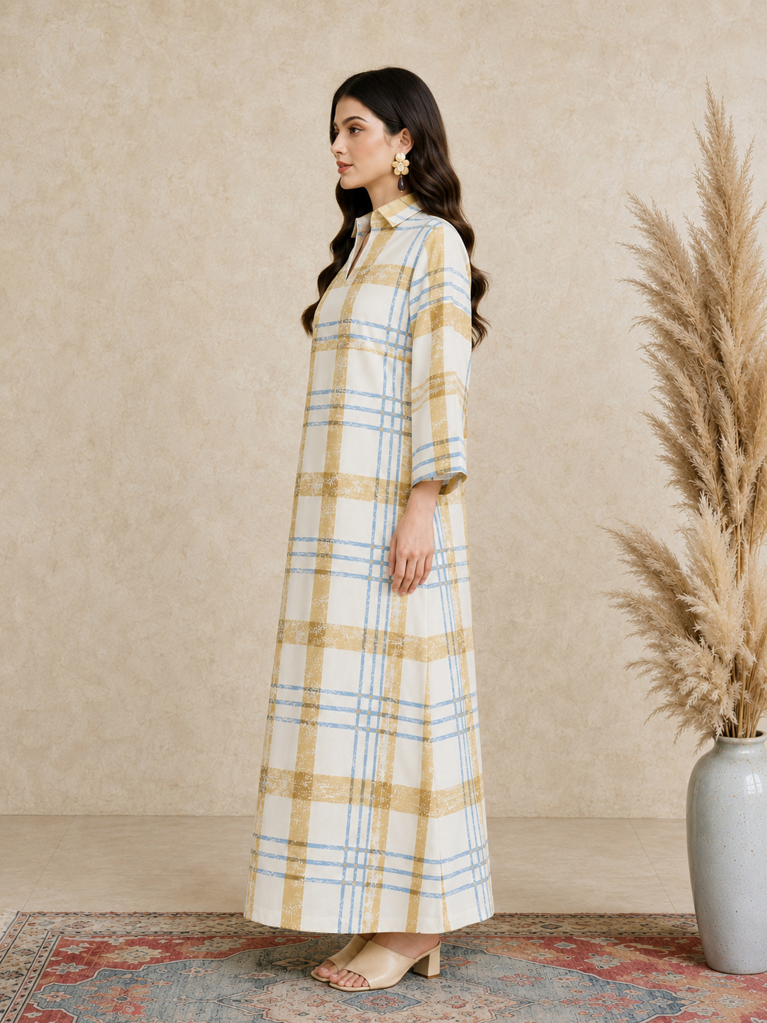 Multi Plaid Print Open Collar Jalabiya