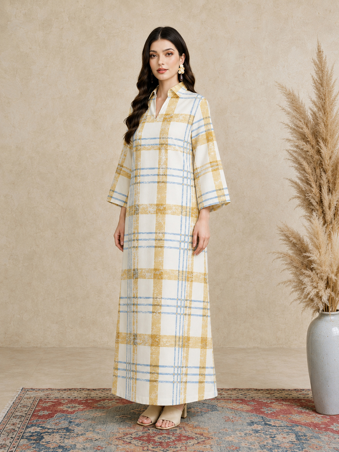 Multi Plaid Print Open Collar Jalabiya