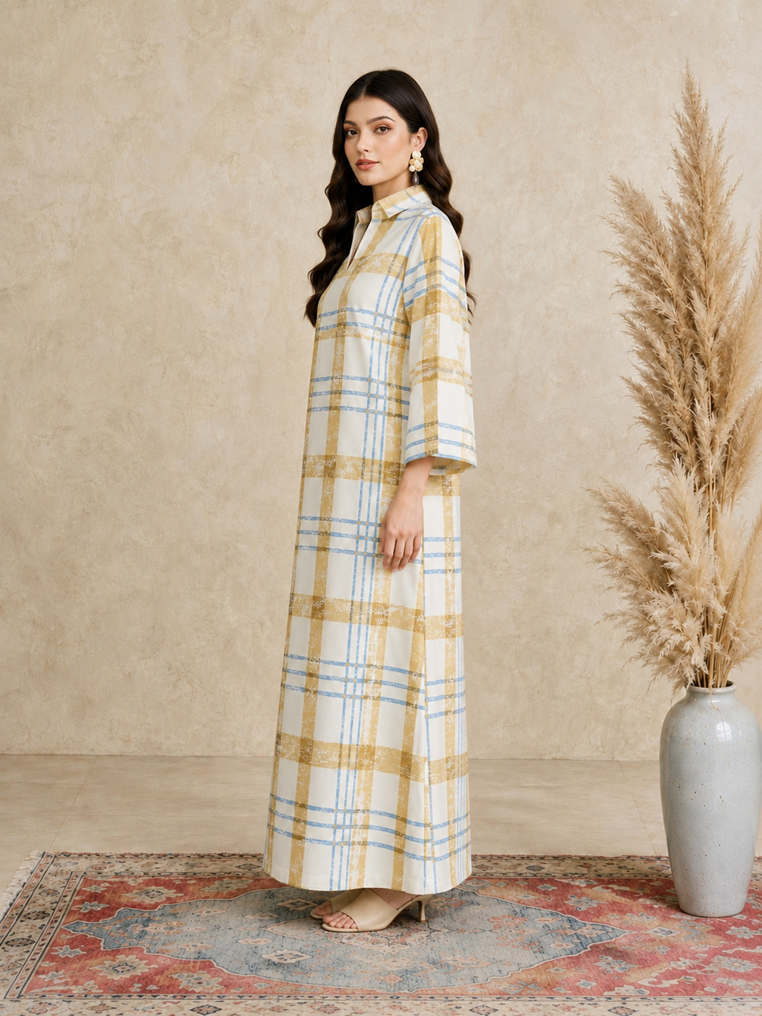 Multi Plaid Print Open Collar Jalabiya