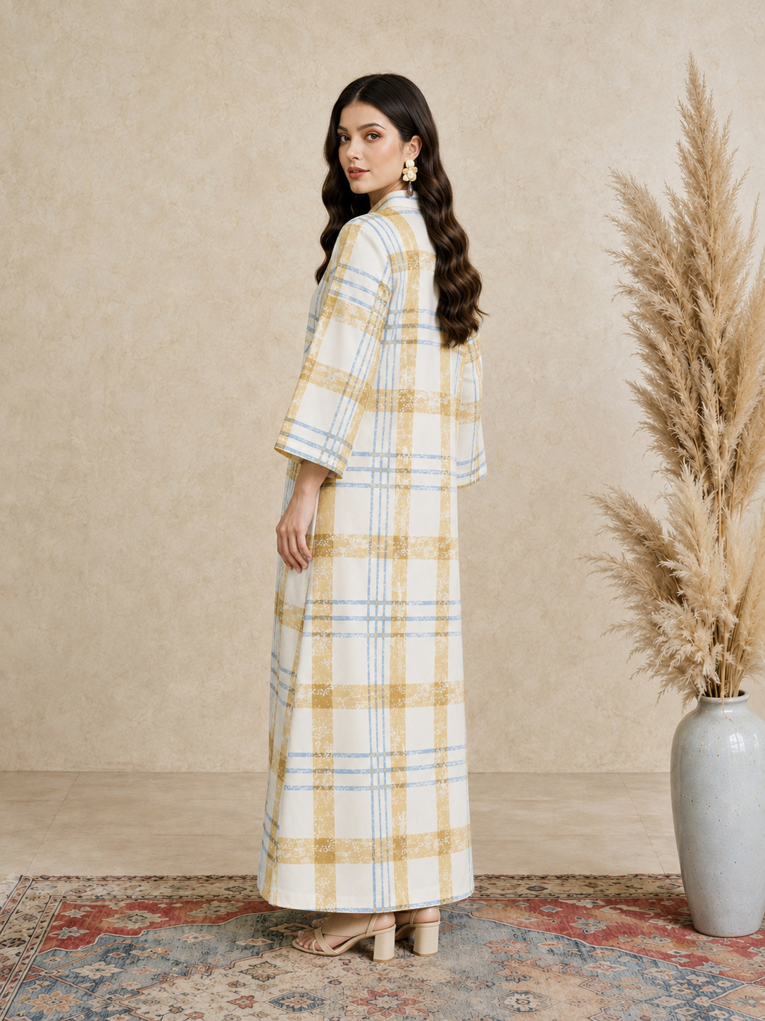 Multi Plaid Print Open Collar Jalabiya