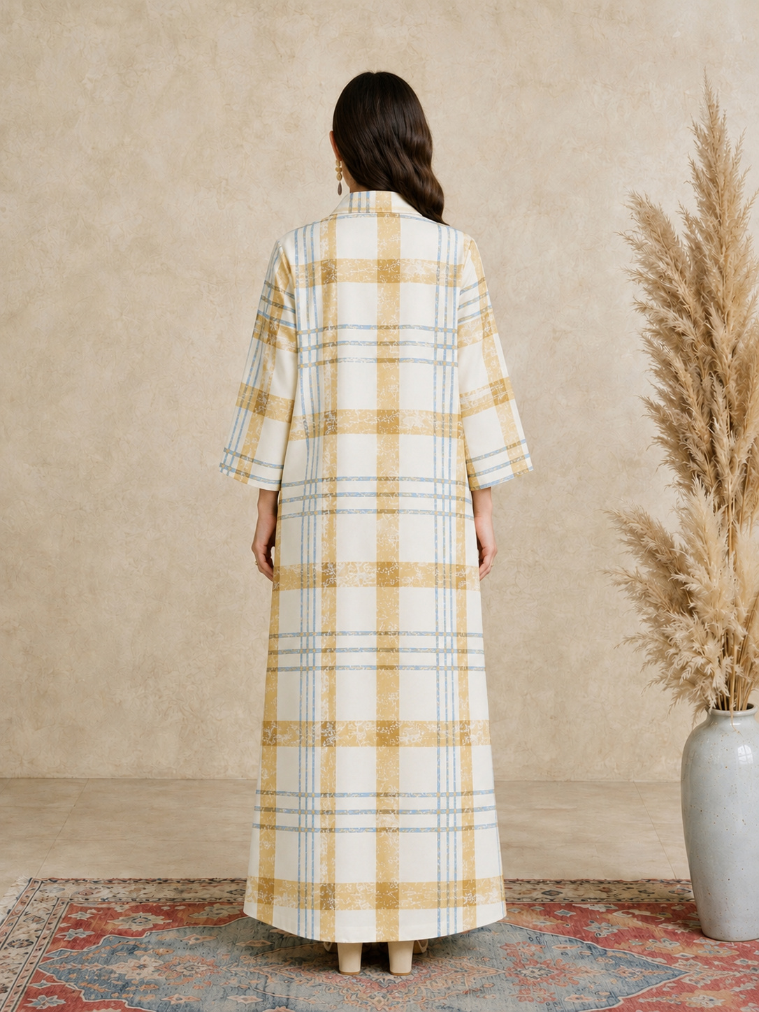 Multi Plaid Print Open Collar Jalabiya