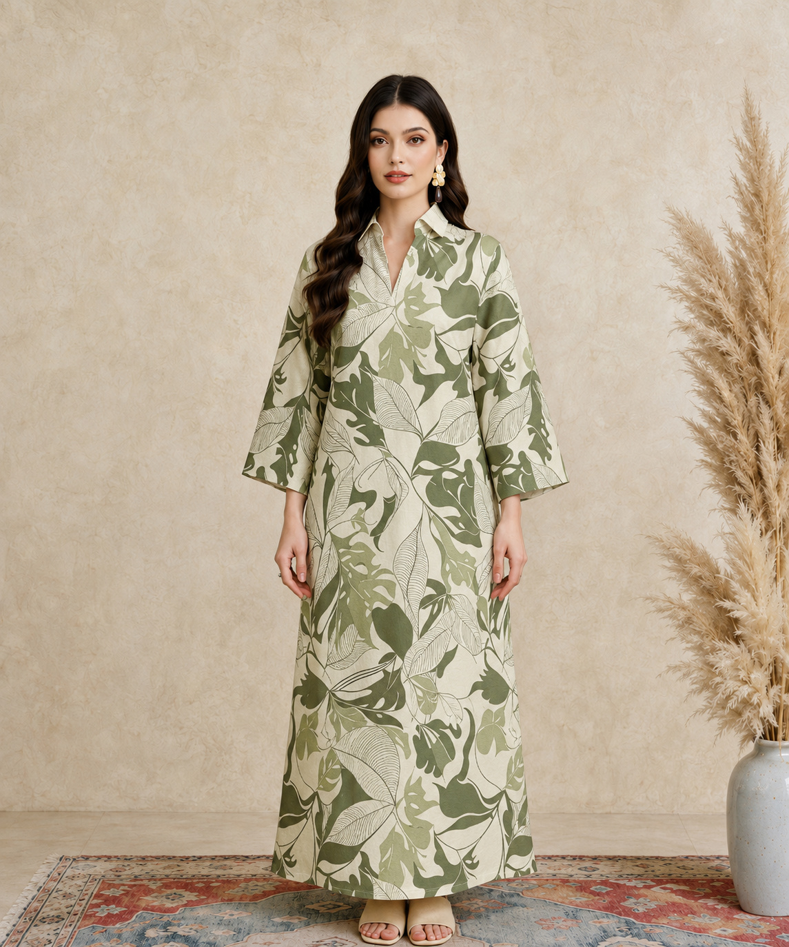 Green Leaf Print Open Collar Jalabiya