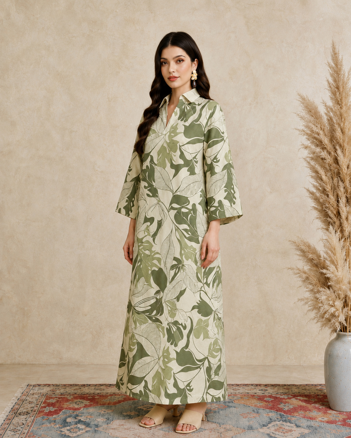 Green Leaf Print Open Collar Jalabiya
