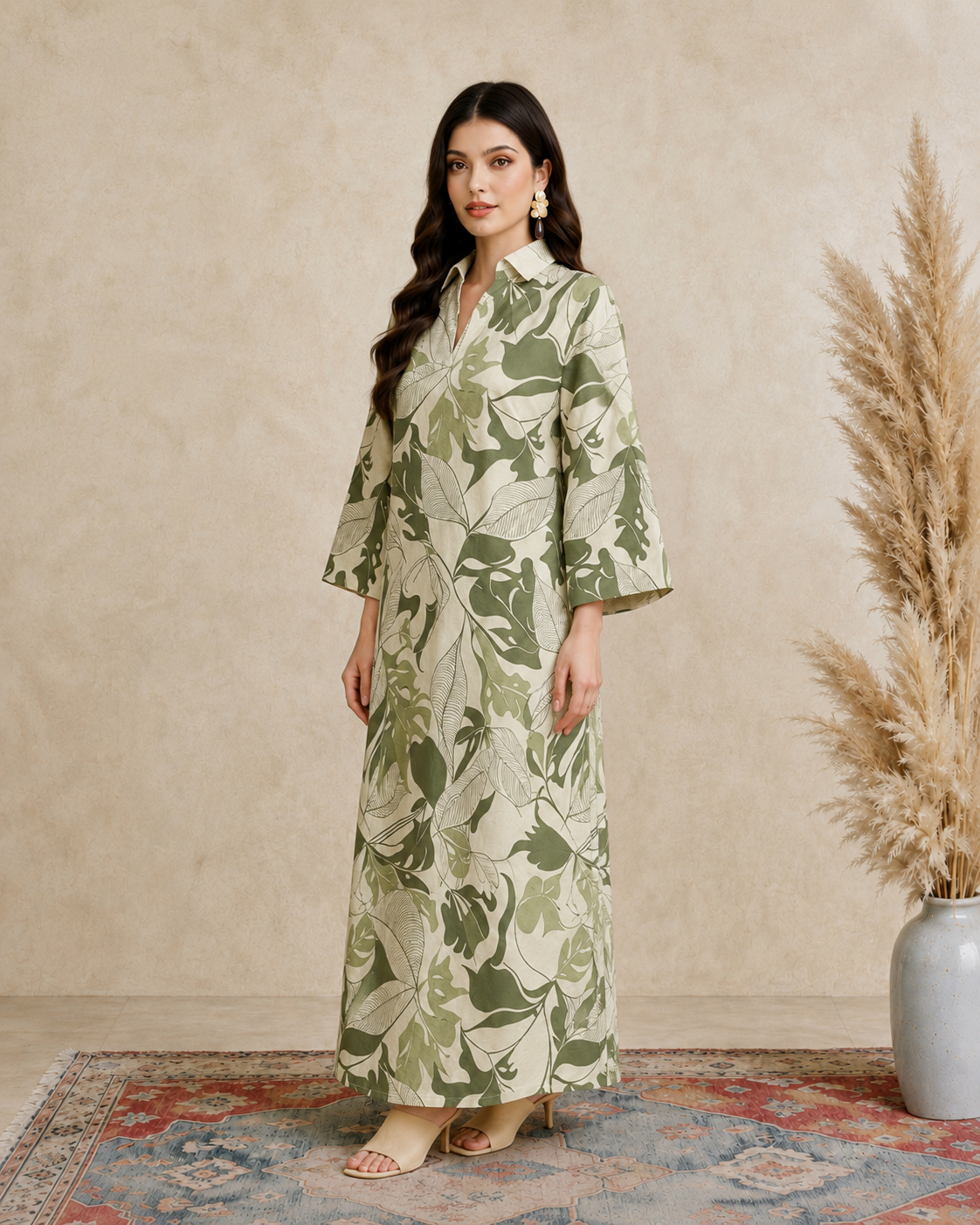 Green Leaf Print Open Collar Jalabiya
