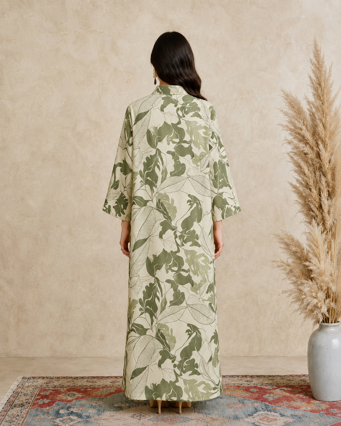 Green Leaf Print Open Collar Jalabiya
