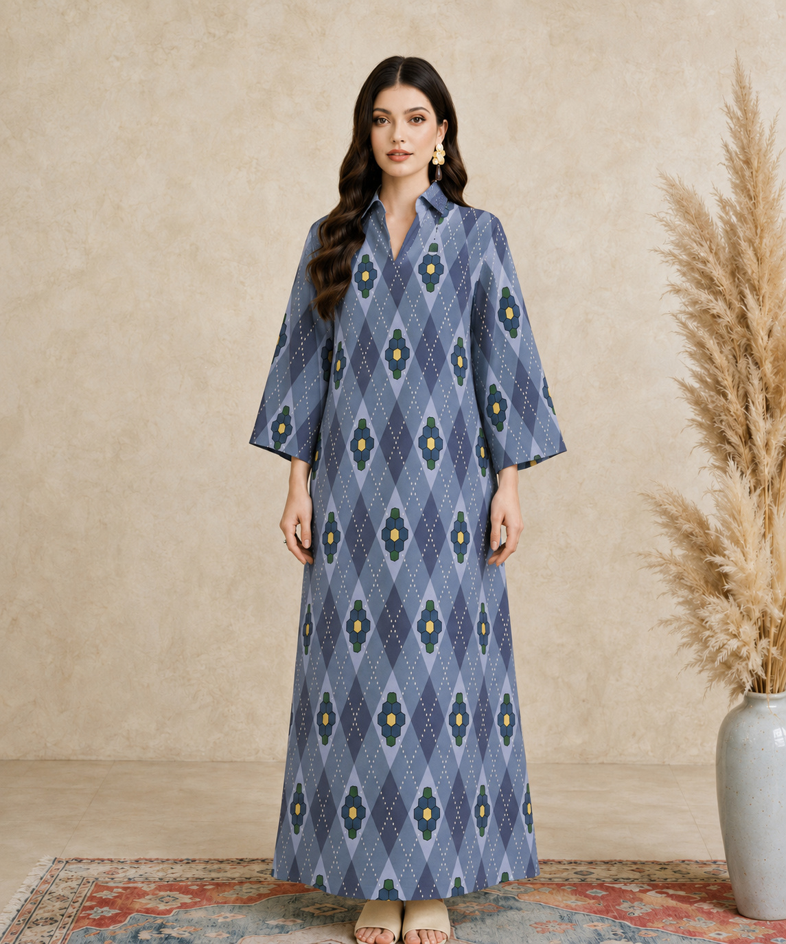 Blue Argyle Print Open Collar Jalabiya