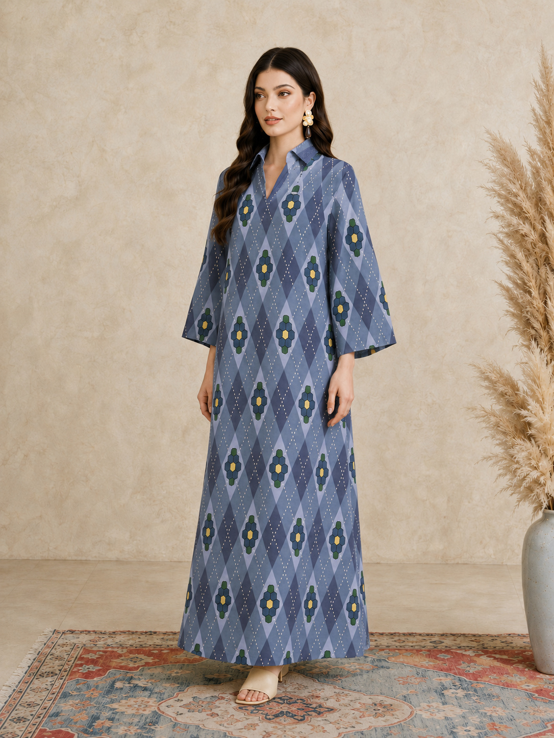 Blue Argyle Print Open Collar Jalabiya