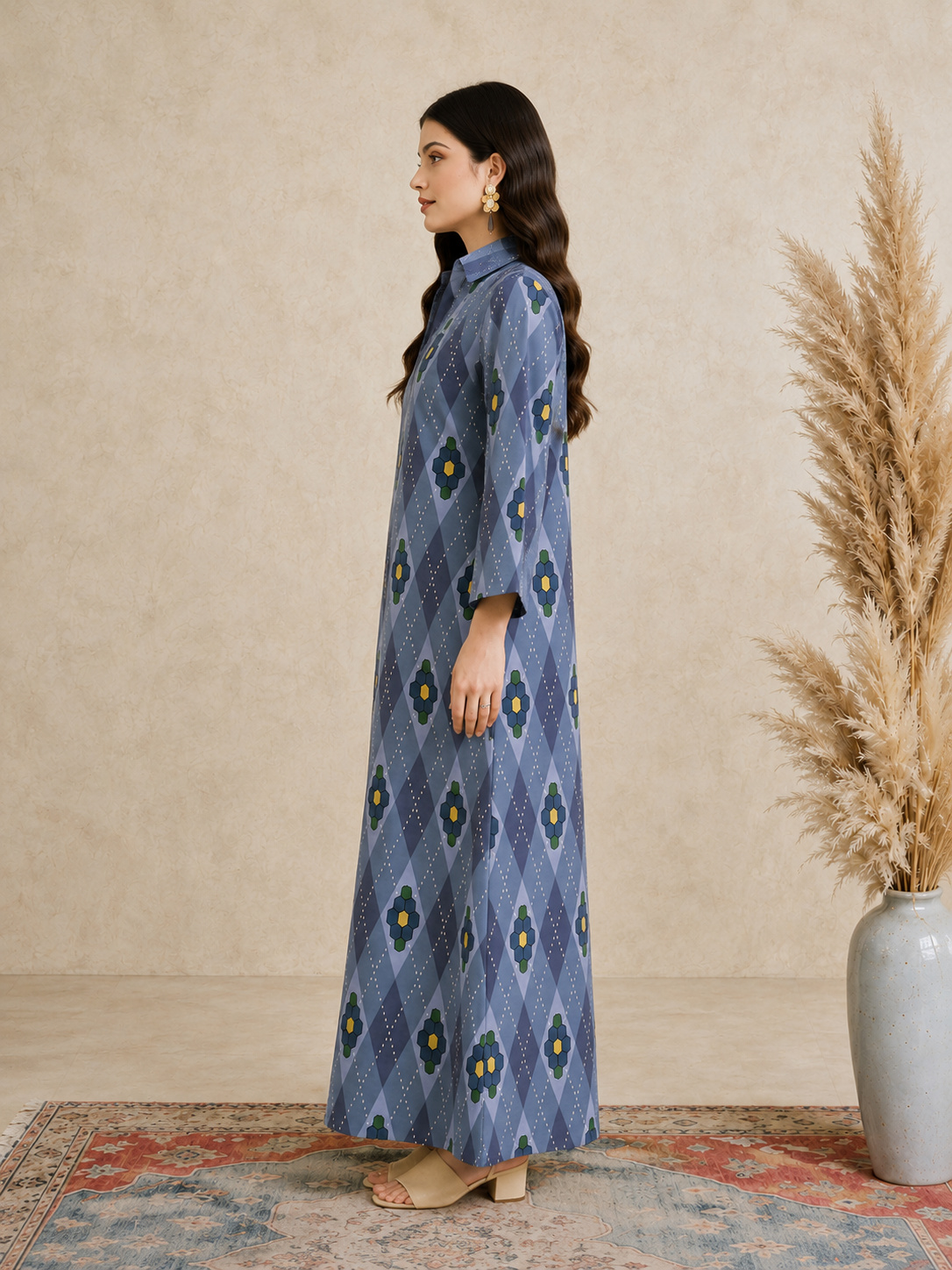 Blue Argyle Print Open Collar Jalabiya