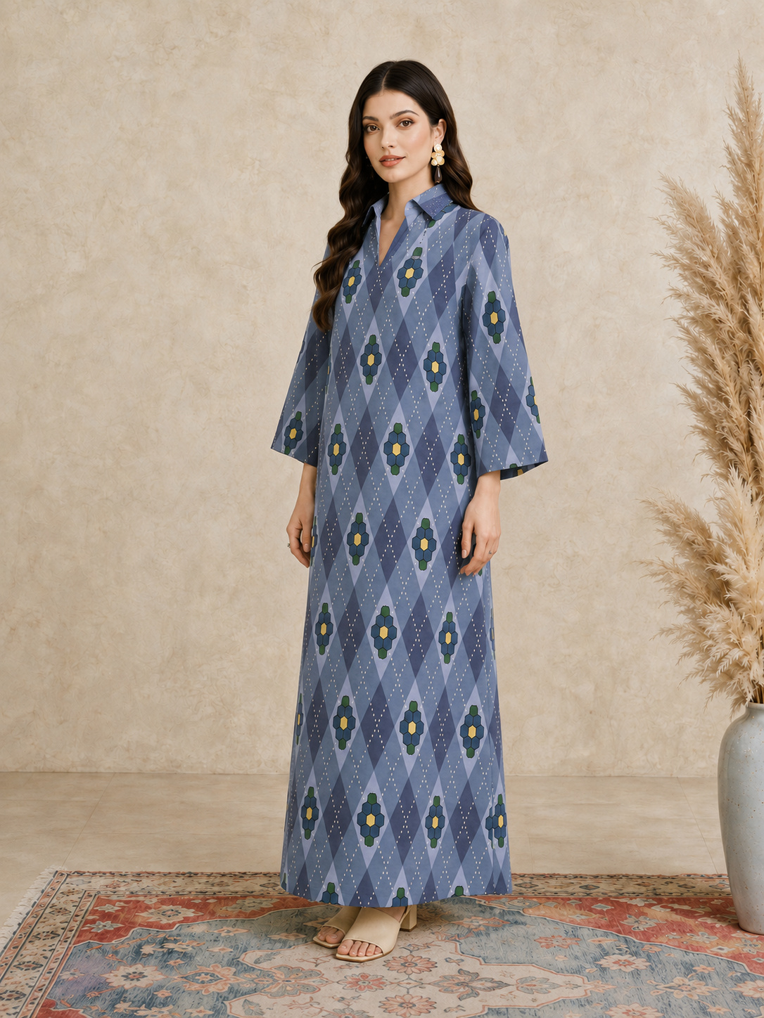 Blue Argyle Print Open Collar Jalabiya