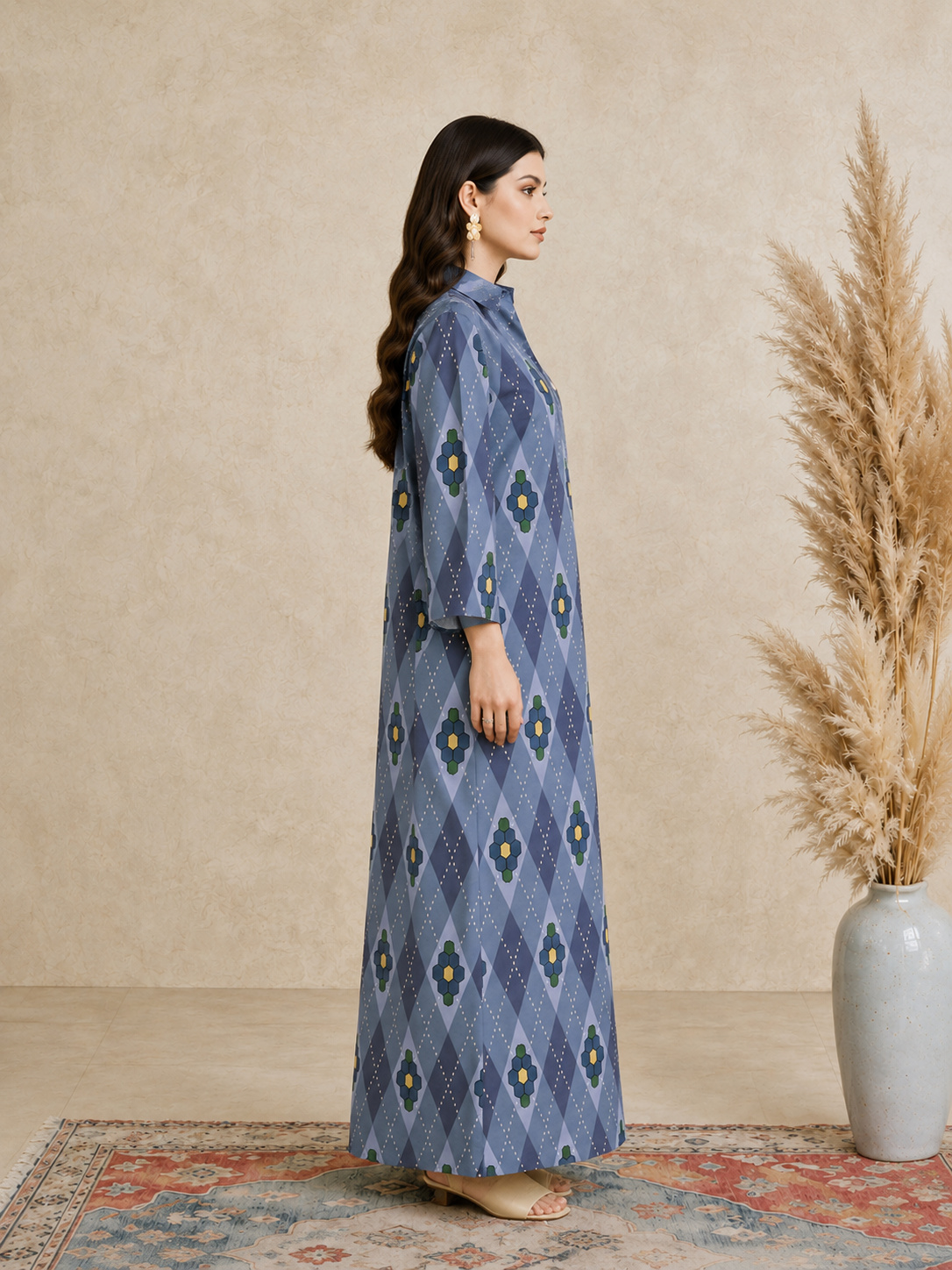 Blue Argyle Print Open Collar Jalabiya