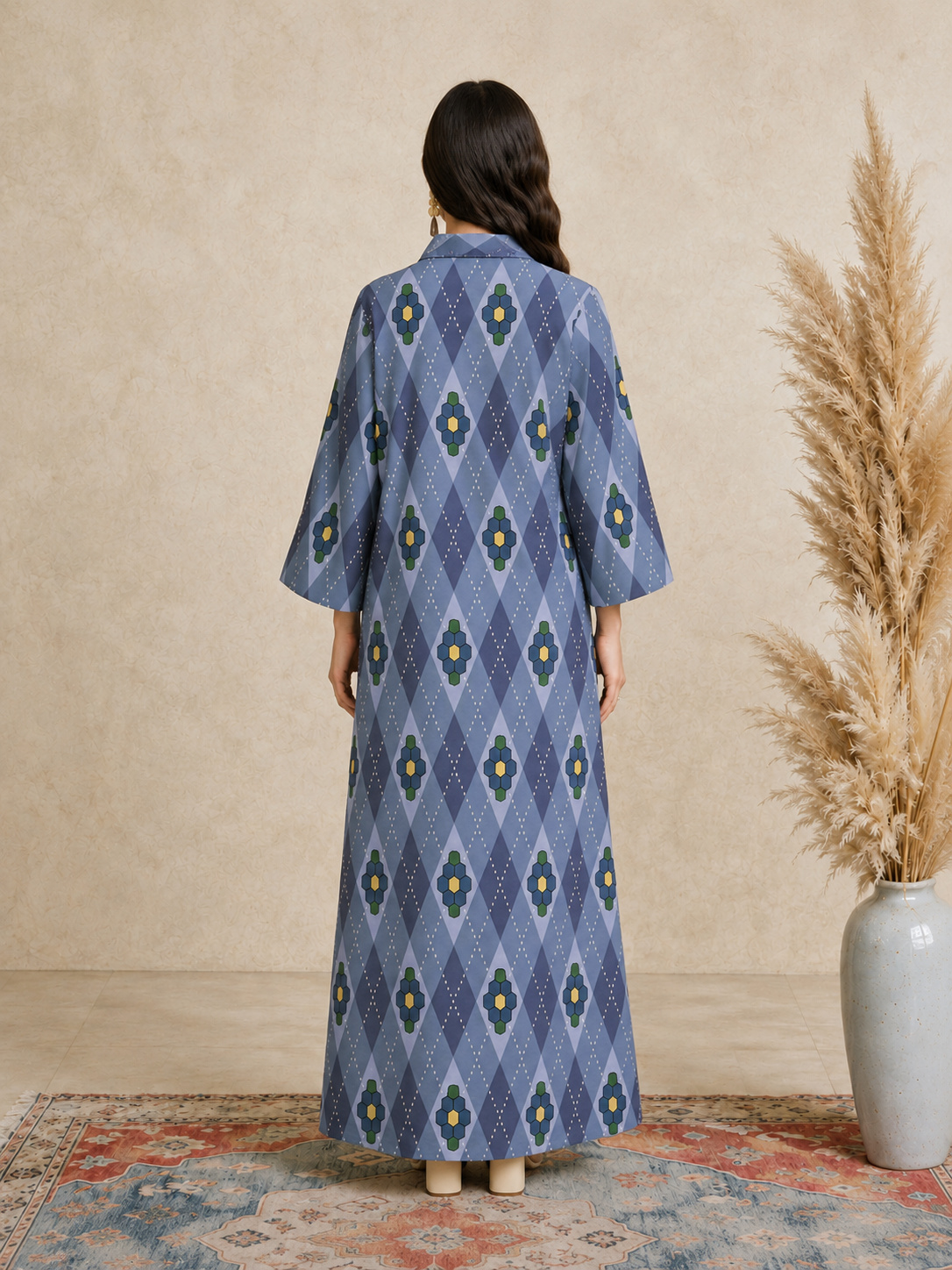Blue Argyle Print Open Collar Jalabiya
