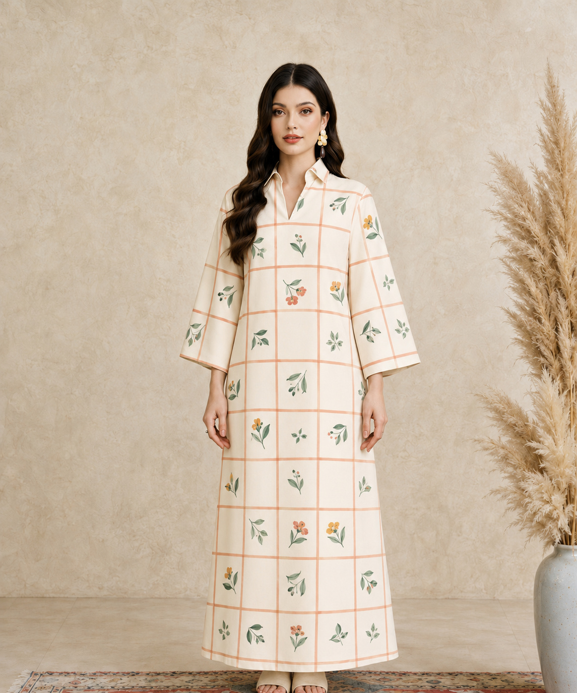 Cream Floral Grid Print Open Collar Jalabiya